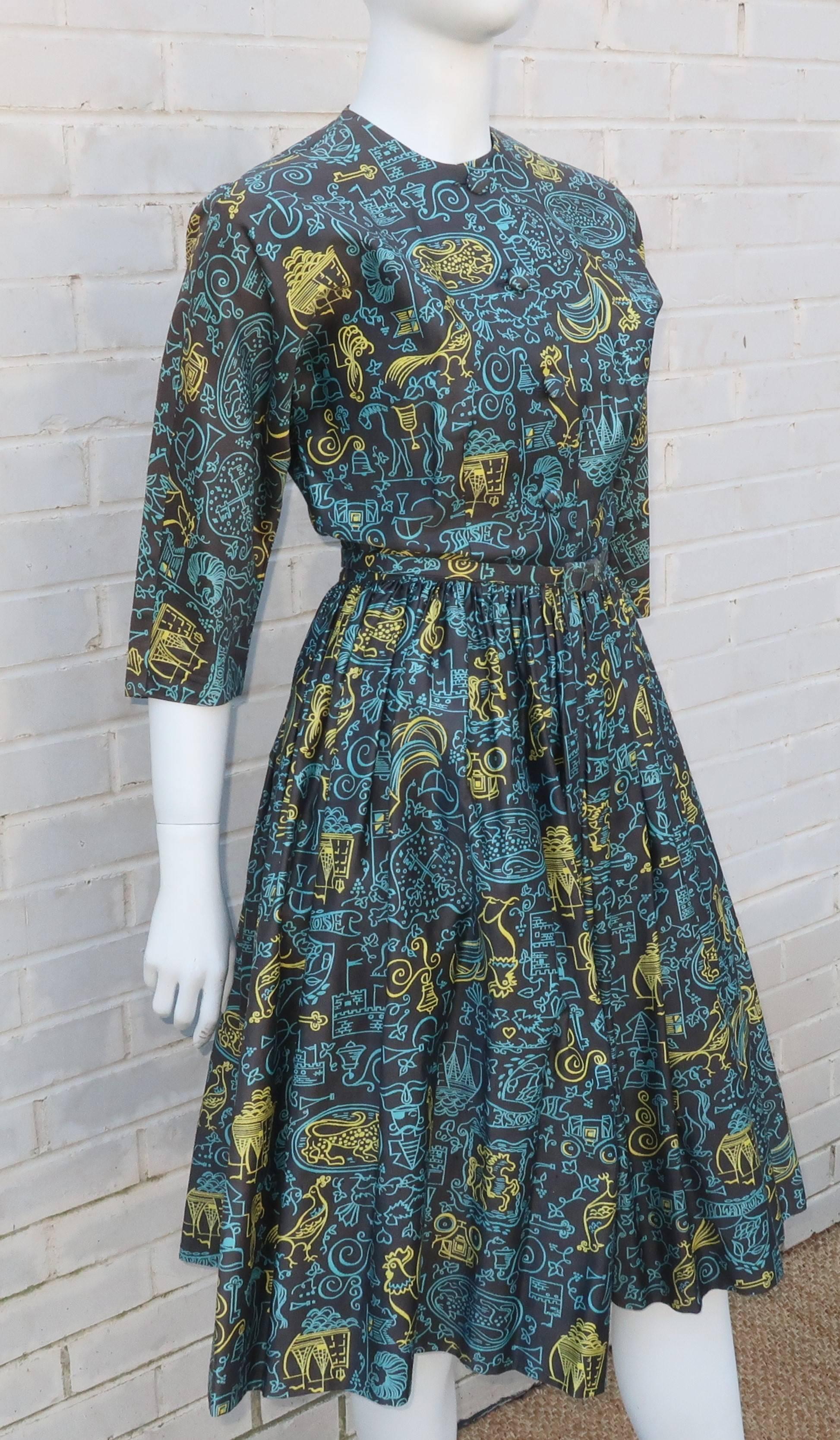 1950's Polished Cotton Shirt Dress With Full Skirt In Excellent Condition In Atlanta, GA