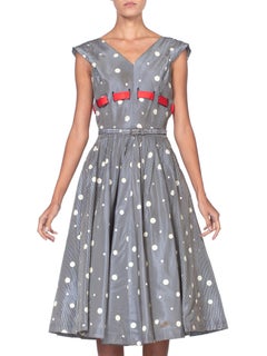 1950'S Blue & White Gingham Taffeta Polka Dot Printed Dress With Belt Red Bow