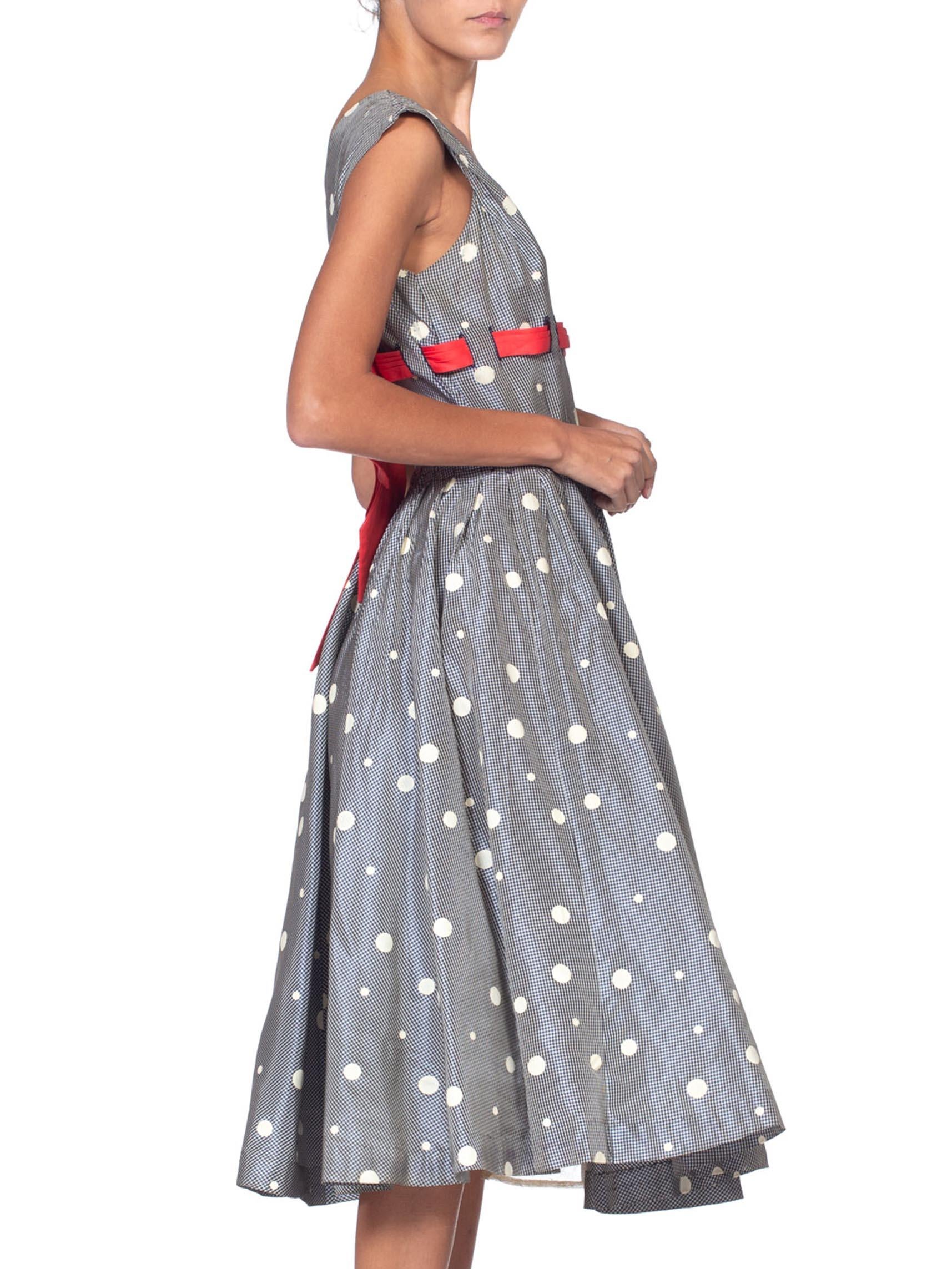 Gray 1950'S Blue & White Gingham Taffeta Polka Dot Printed Dress With Belt Red Bow