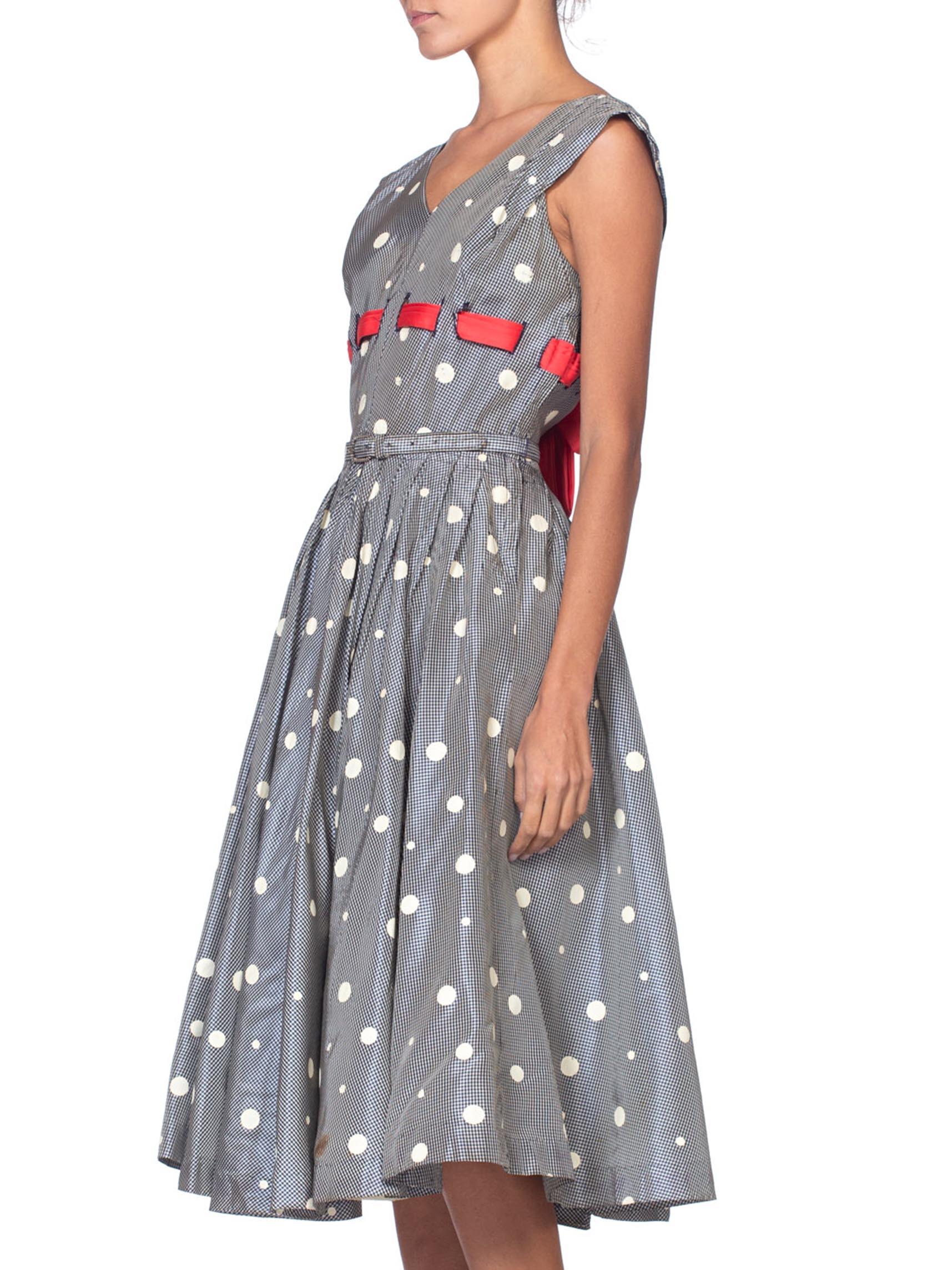 Women's 1950'S Blue & White Gingham Taffeta Polka Dot Printed Dress With Belt Red Bow