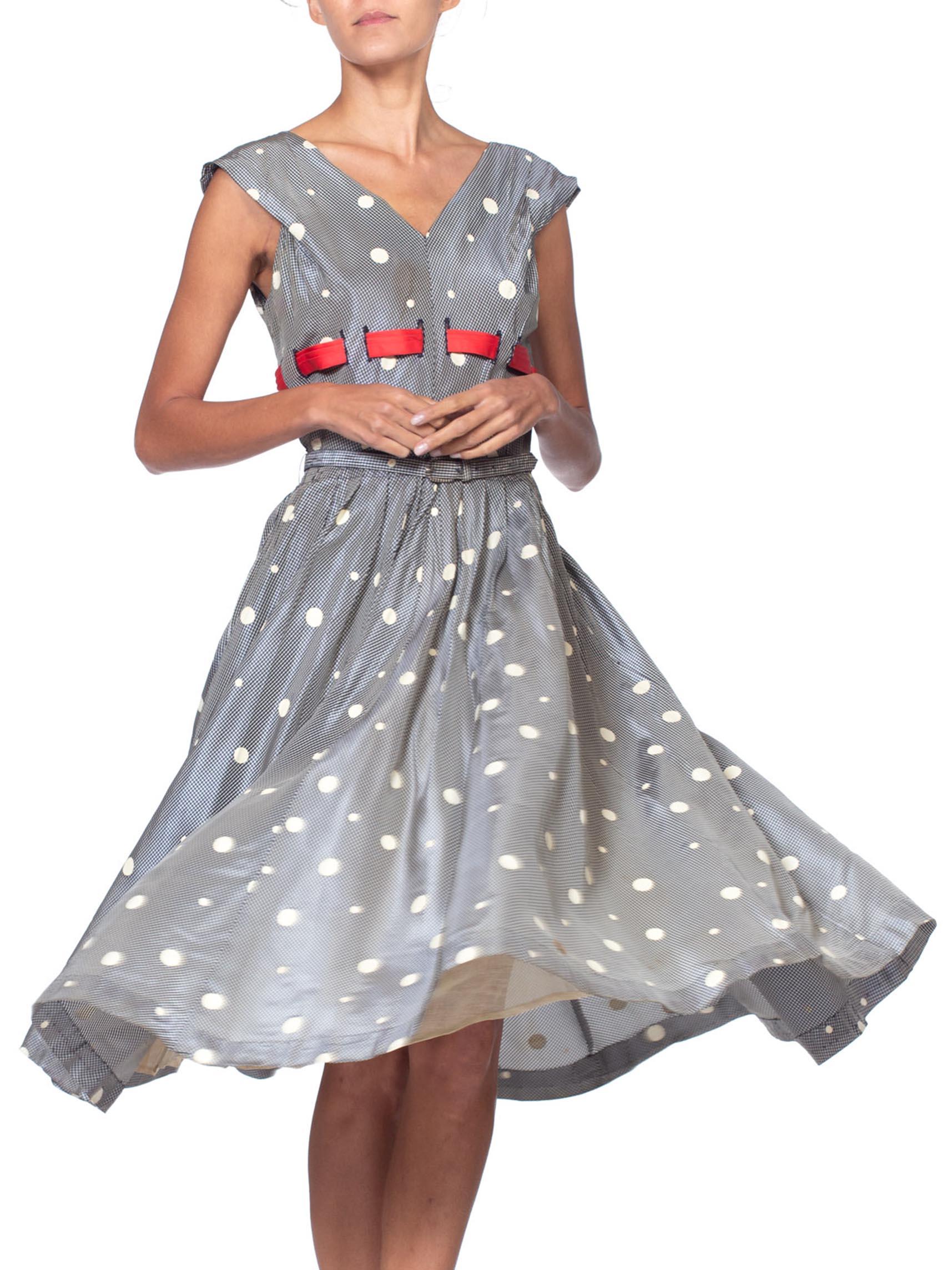 1950'S Blue & White Gingham Taffeta Polka Dot Printed Dress With Belt Red Bow 1