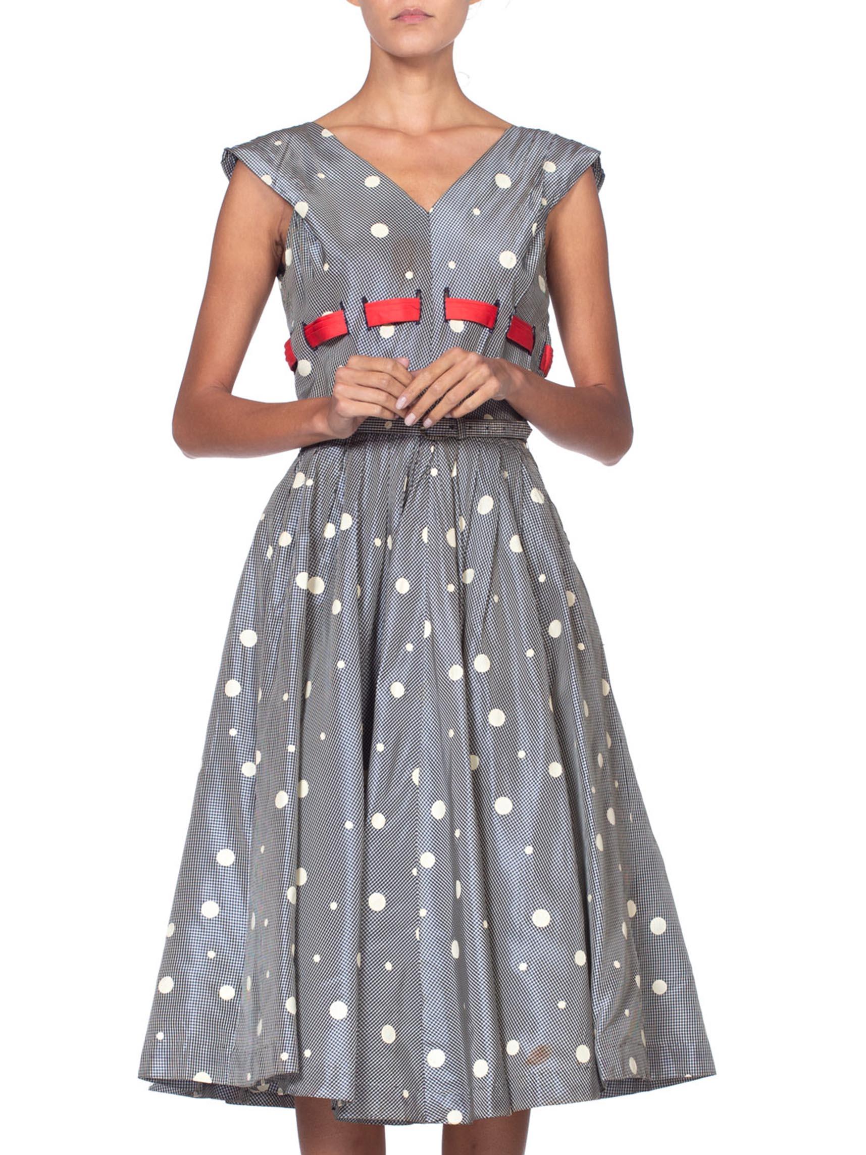 1950'S Blue & White Gingham Taffeta Polka Dot Printed Dress With Belt Red Bow 2