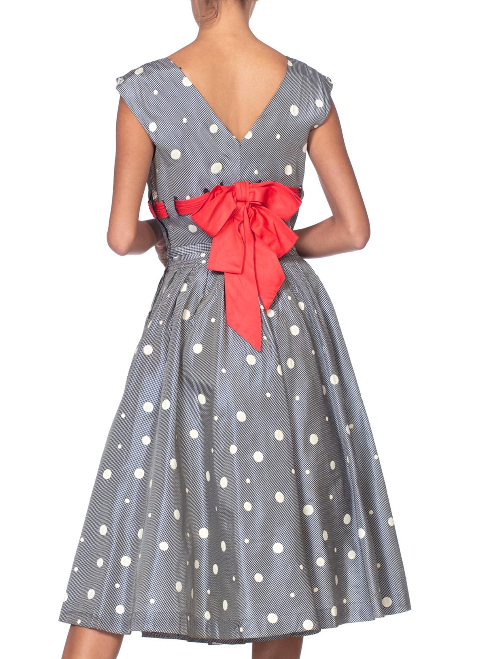1950'S Blue & White Gingham Taffeta Polka Dot Printed Dress With Belt Red Bow 3