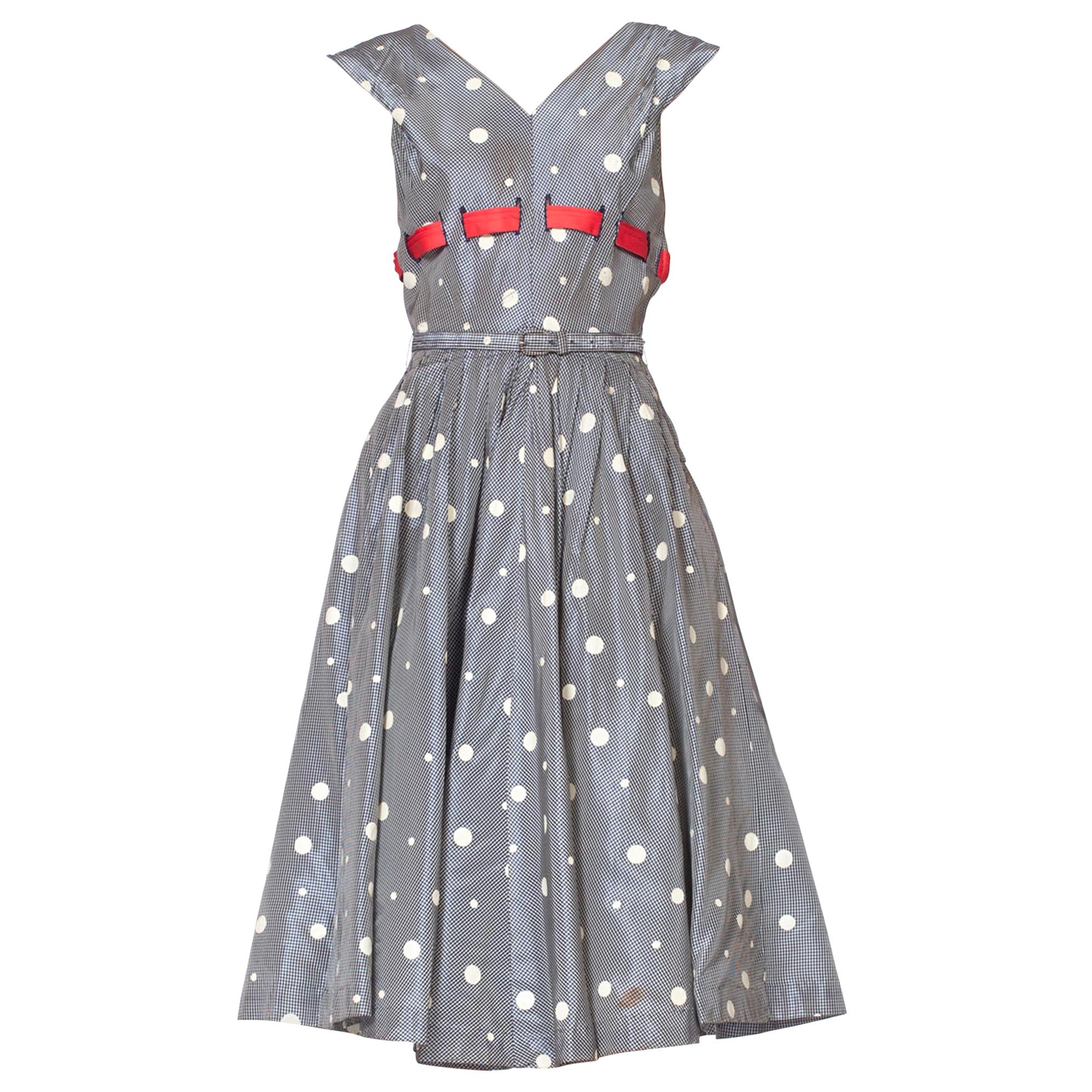 1950'S Blue & White Gingham Taffeta Polka Dot Printed Dress With Belt Red Bow