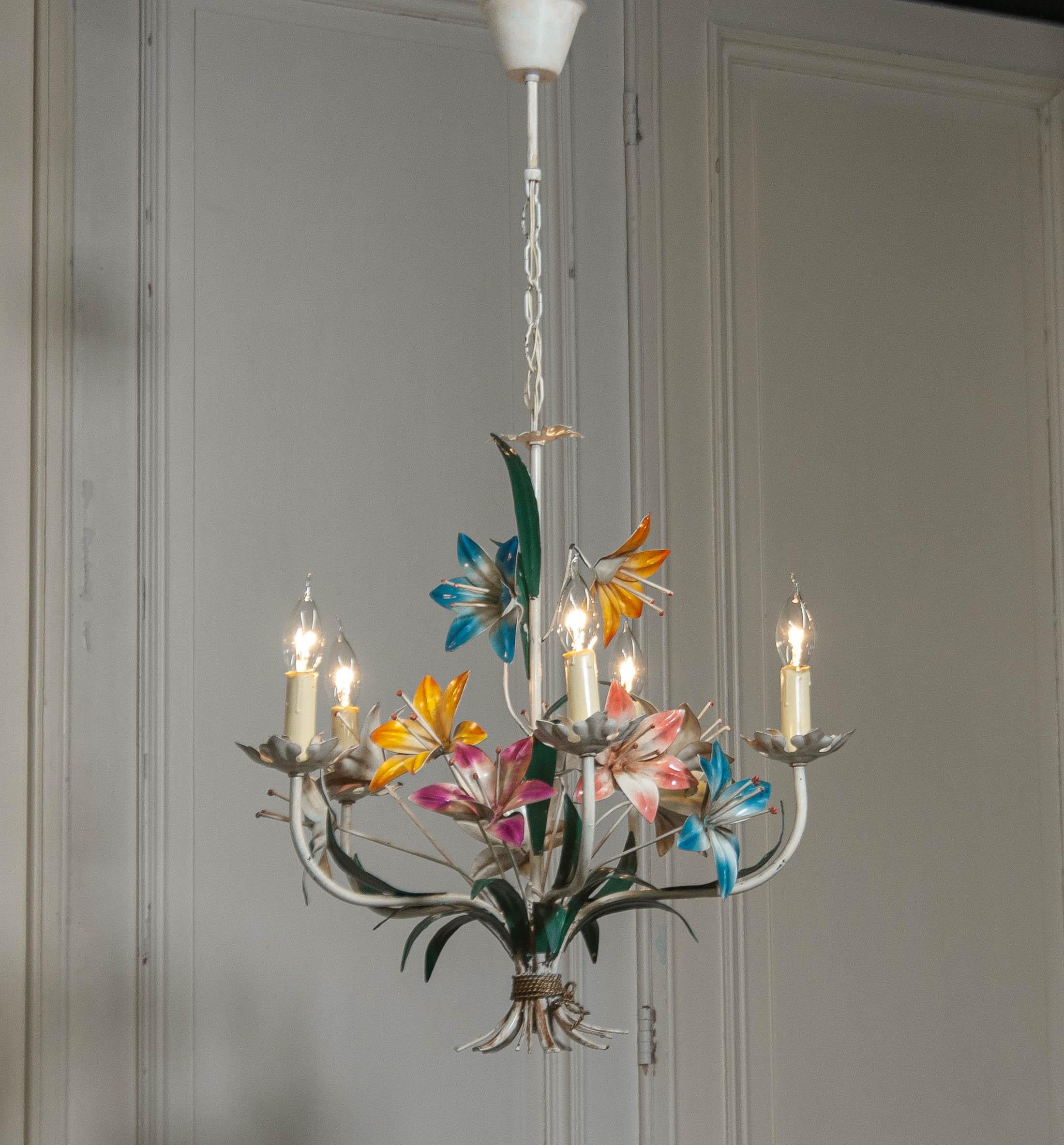 Italian 1950s , Polychrome Chandelier with Metal  Flowers , Italy For Sale