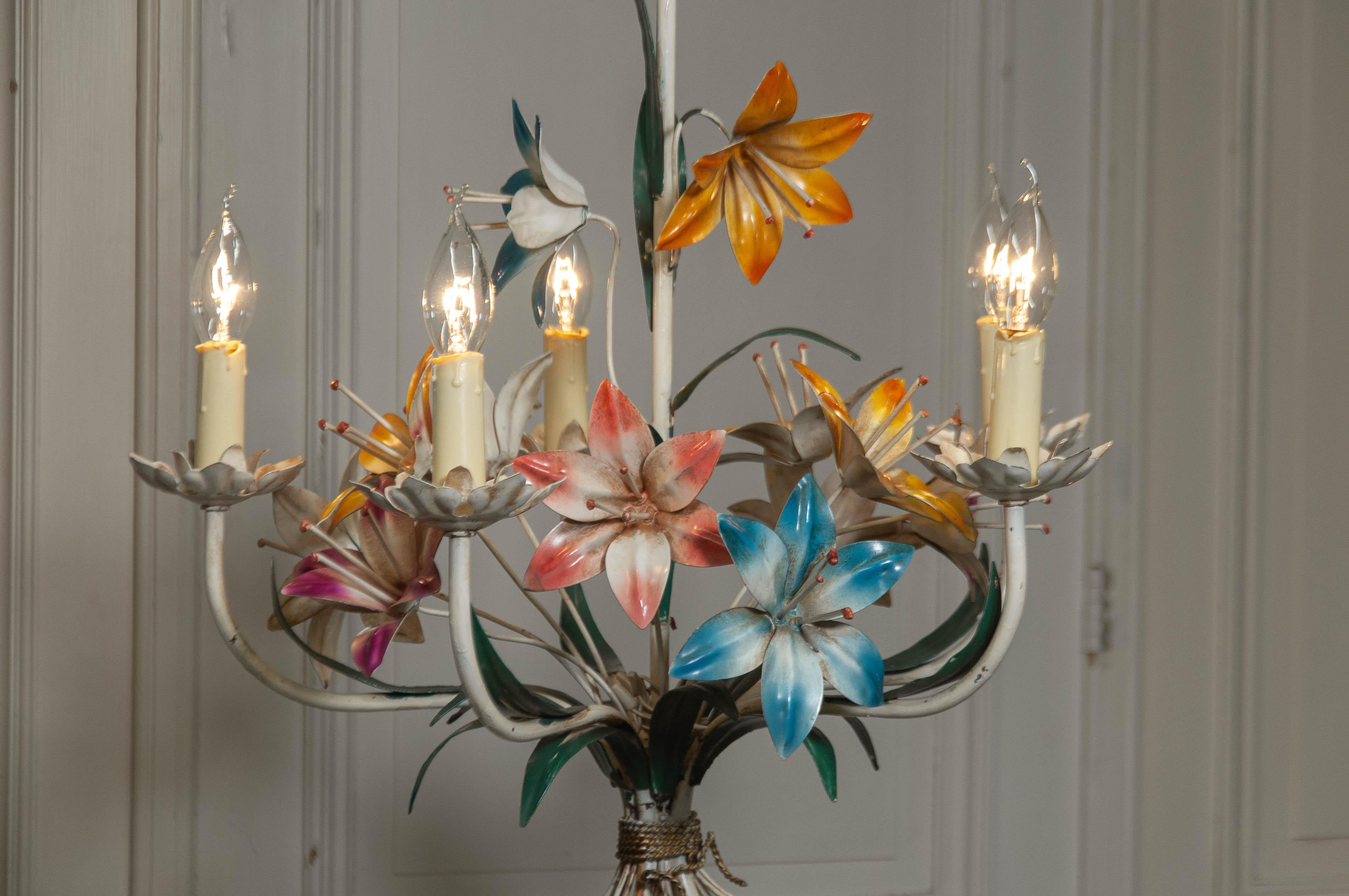 Mid-20th Century 1950s , Polychrome Chandelier with Metal  Flowers , Italy For Sale