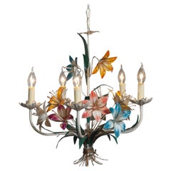 1950er Jahre , Polychromer Kronleuchter mit Metall  Blumen , Italien