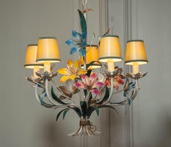 1950s , Polychrome Chandelier With metal painted  Flowers , Italy