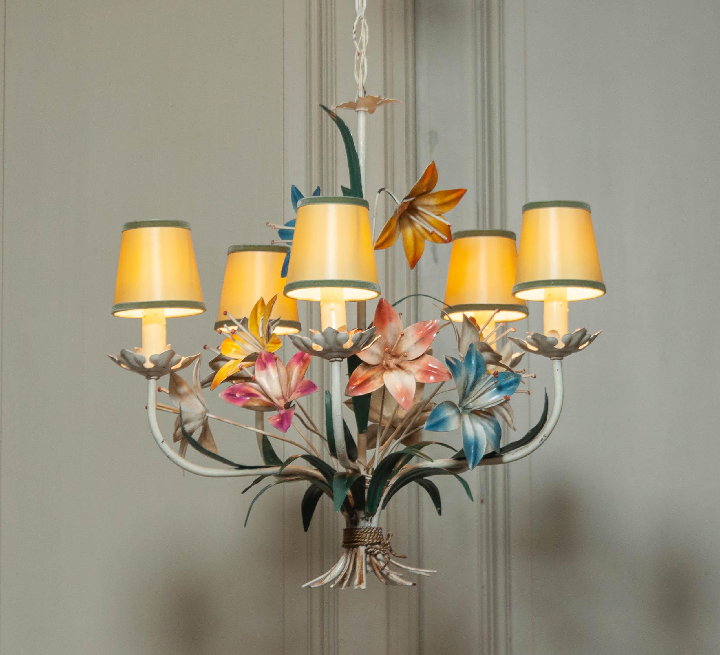 Italian 1950s , Polychrome Chandelier With metal painted  Flowers , Italy For Sale