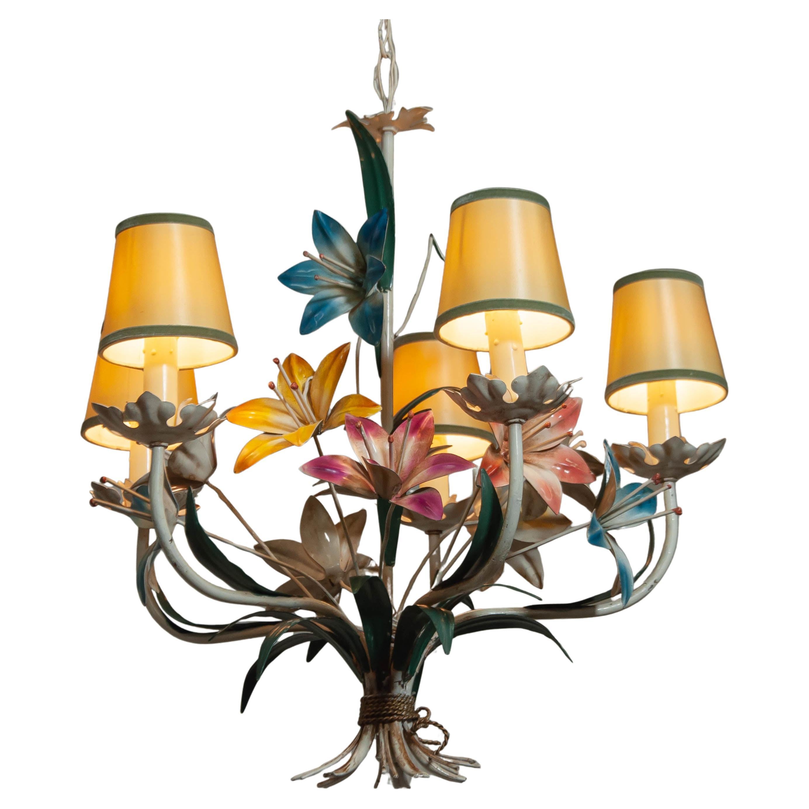 1950s , Polychrome Chandelier With metal painted  Flowers , Italy