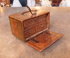 1950s Polychrome Oriental Bargueño Cabinet with Drawers and Iron Hardware