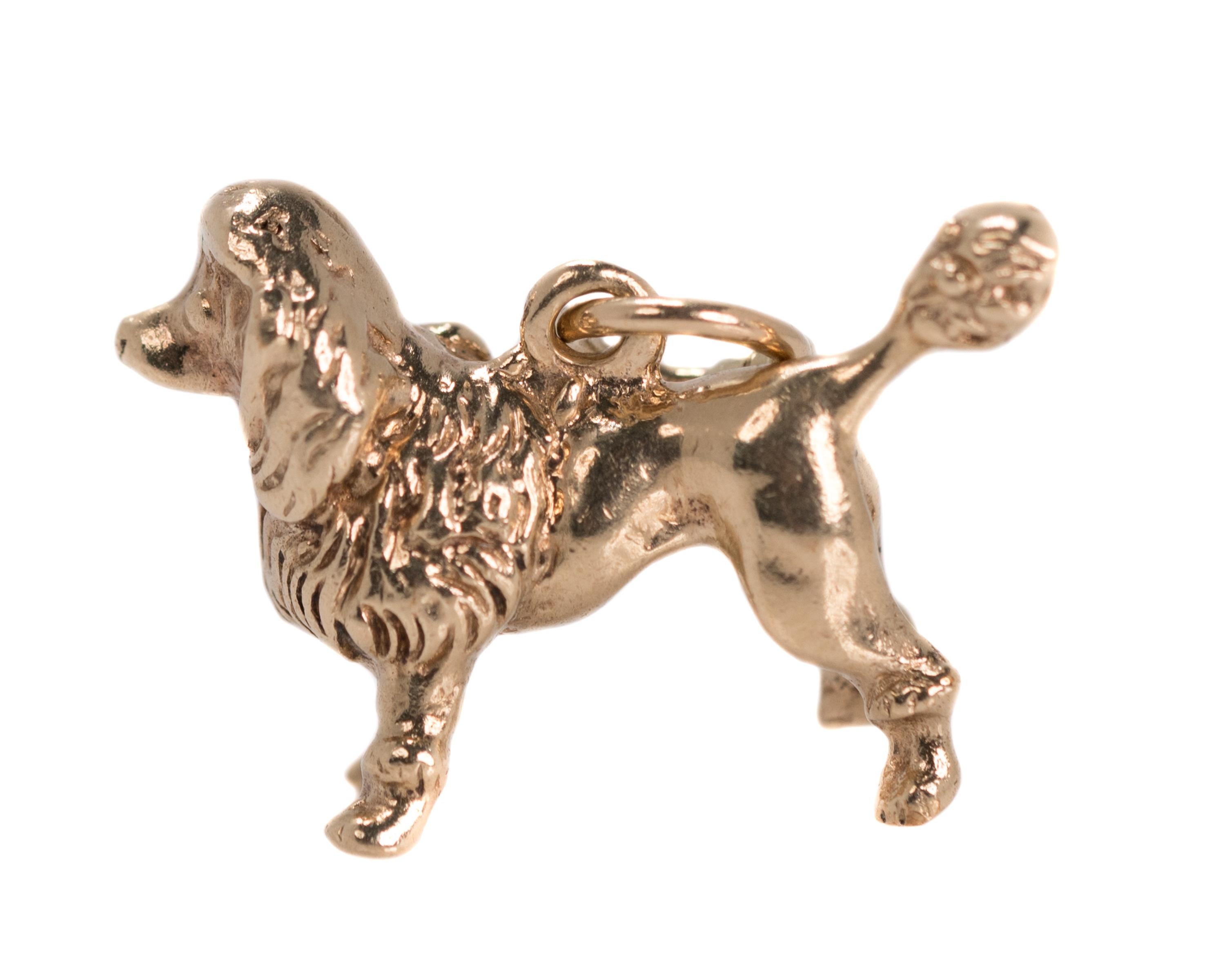 1950s Retro Poodle Dog Charm, Pendant - 14 Karat Yellow Gold

Features
14 Karat Yellow Gold
Solid Charm
Wear as a pendant or attach as a charm
Poodle has a Continental Clip, Show Dog Style!
Detailed face, Topknot, Tail Pom and Leg Pom