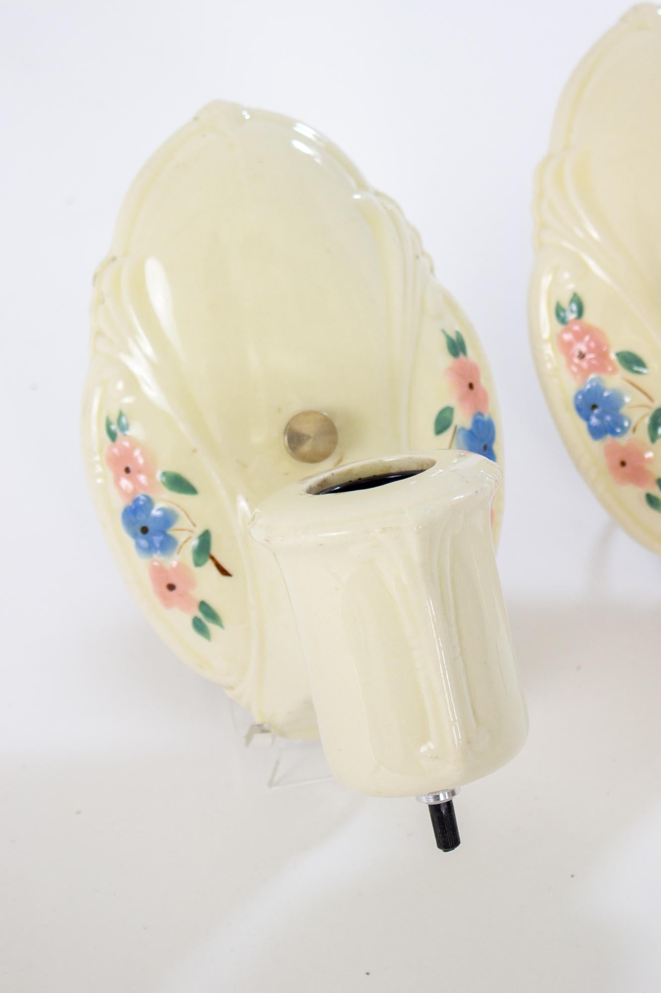 Arts and Crafts 1950’s Porcelain Harmony House Flowered Sconces - a Pair For Sale