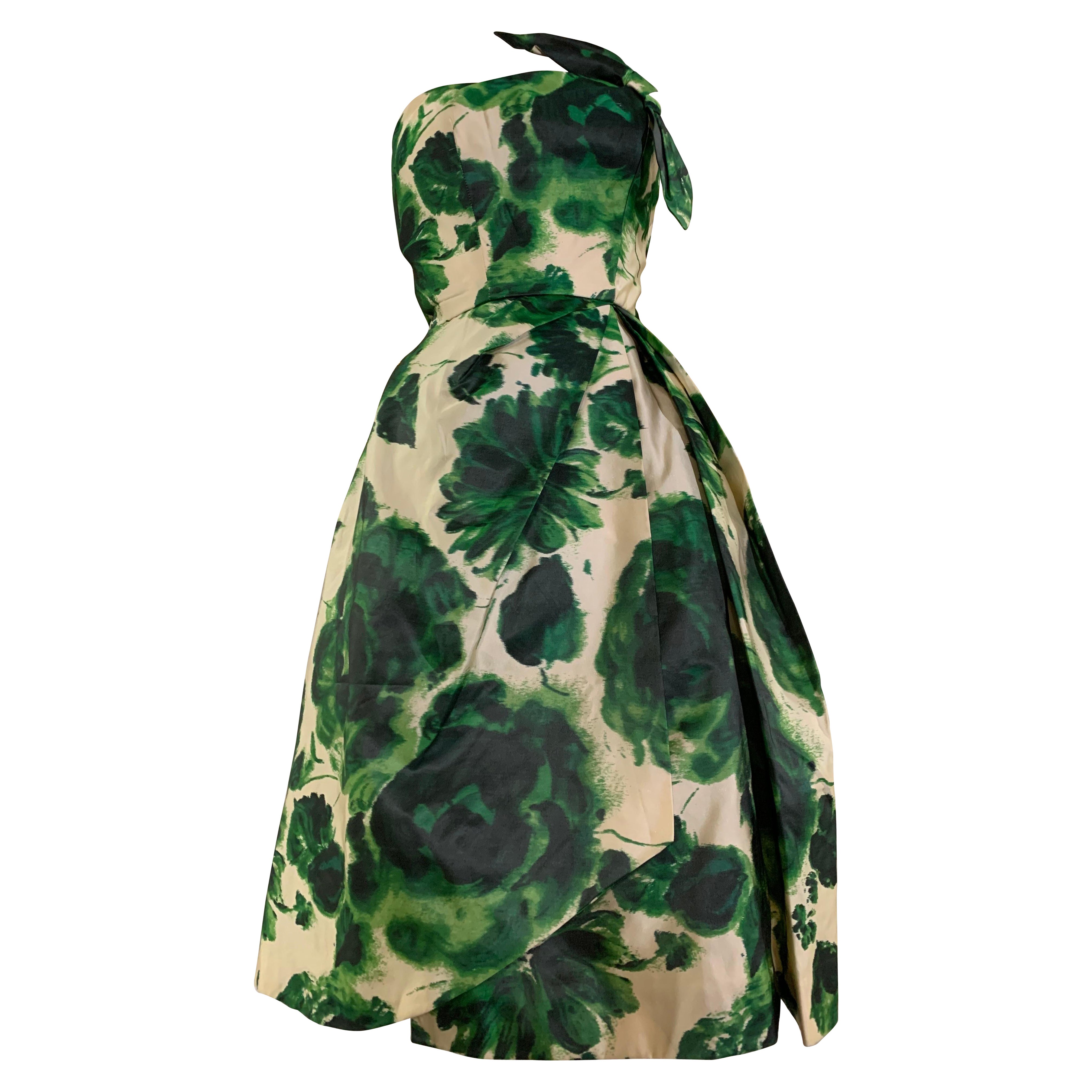 1950s Porter
s Strapless Floral Silk Cocktail Dress in Large-Scale Green Print