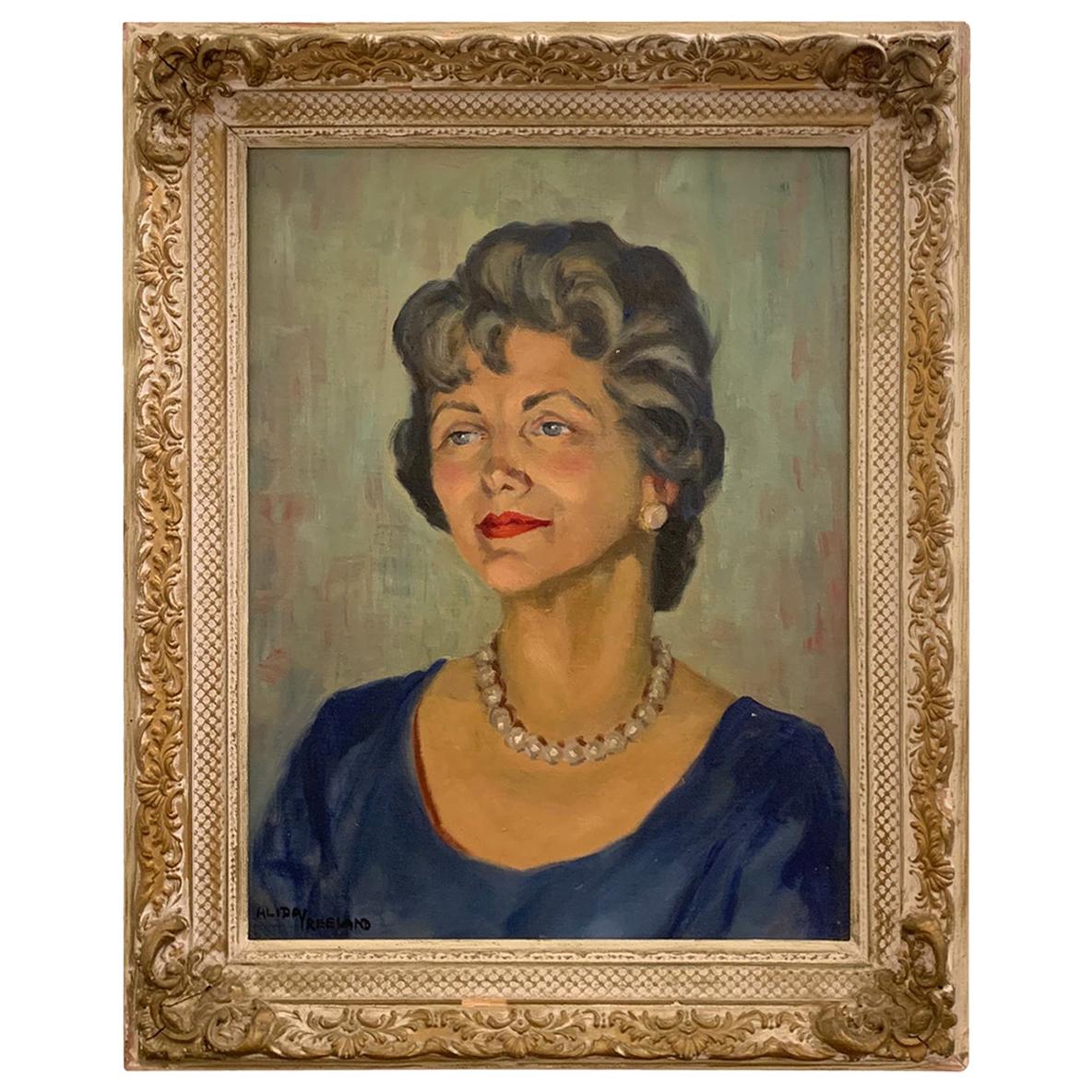 1950s Portrait Painting, Woman with Pearls, Alberta Winchester by Alida Vreeland