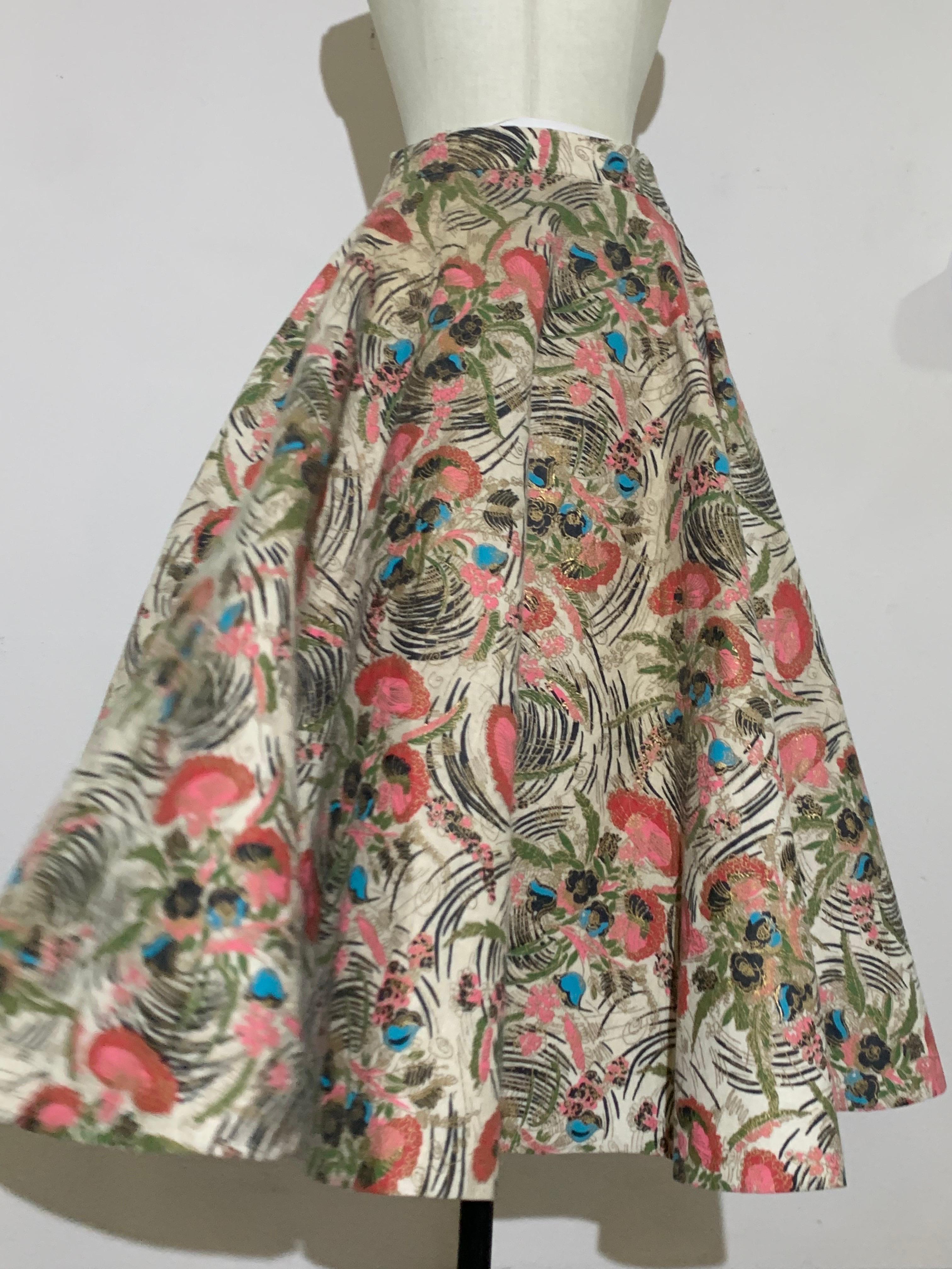 1950s Pretty Stylized Floral Print Wool Felt Circle Skirt in Pink and Gold 5