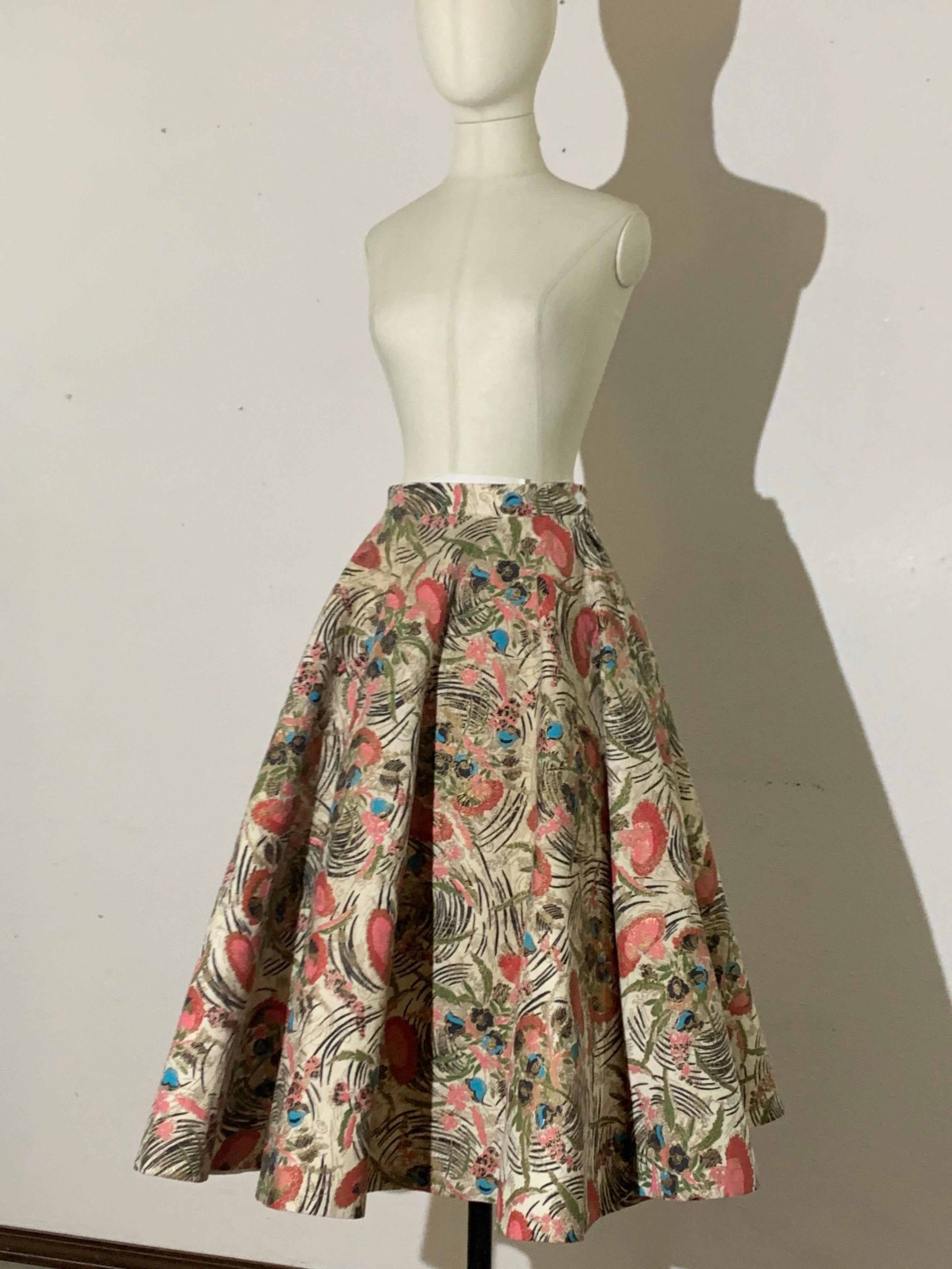 1950s Pretty Stylized Floral Print Wool Felt Circle Skirt in Pink and Gold 6