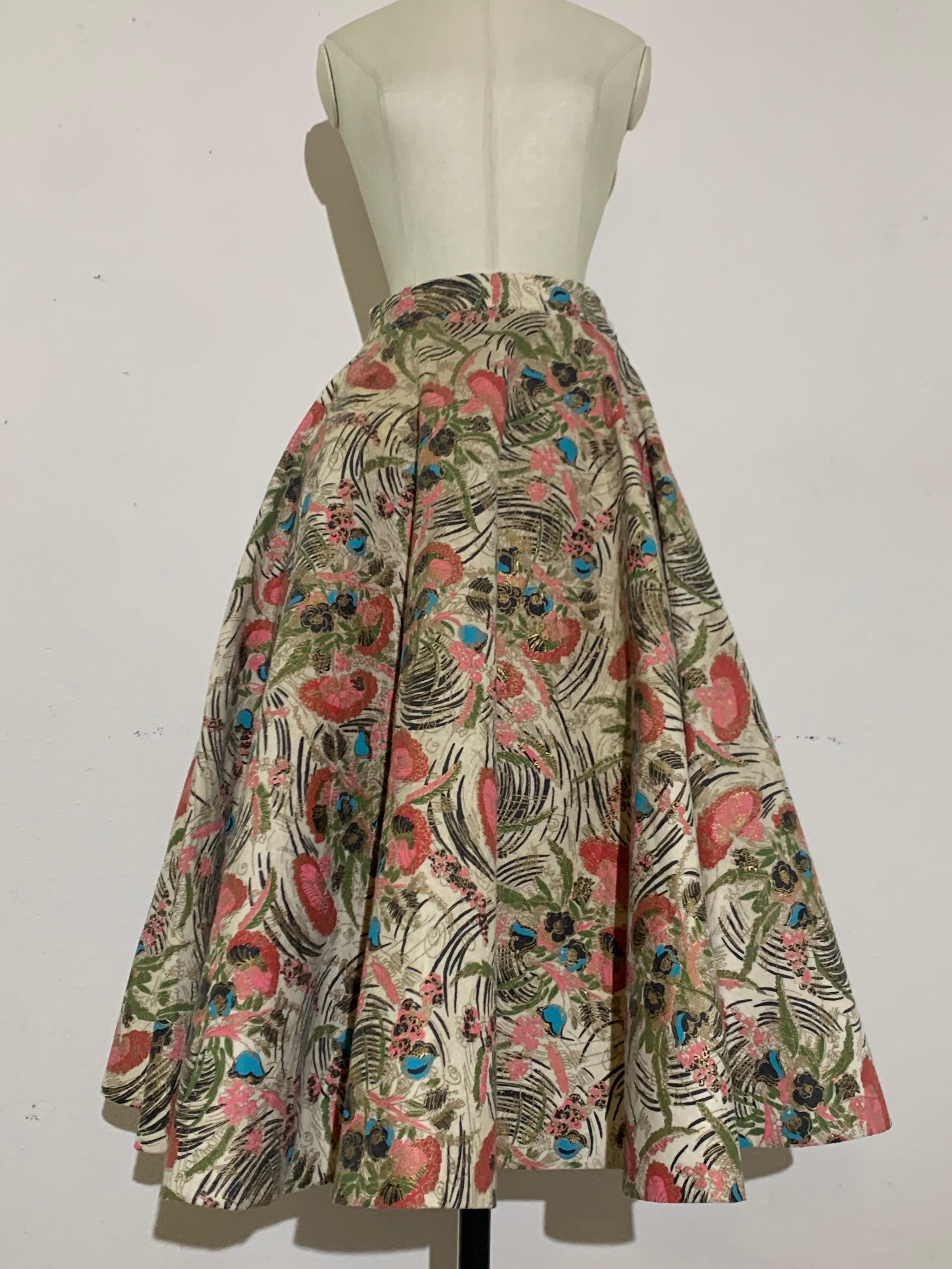 1950s Pretty Stylized Floral Print Wool Felt Circle Skirt in Pink and Gold:  A beautiful floral print in pink and metallic gold on cream felt. Full mid-calf length circle skirt with banded waist and side zipper. From McArthur Ltd. US modern size 6-8.