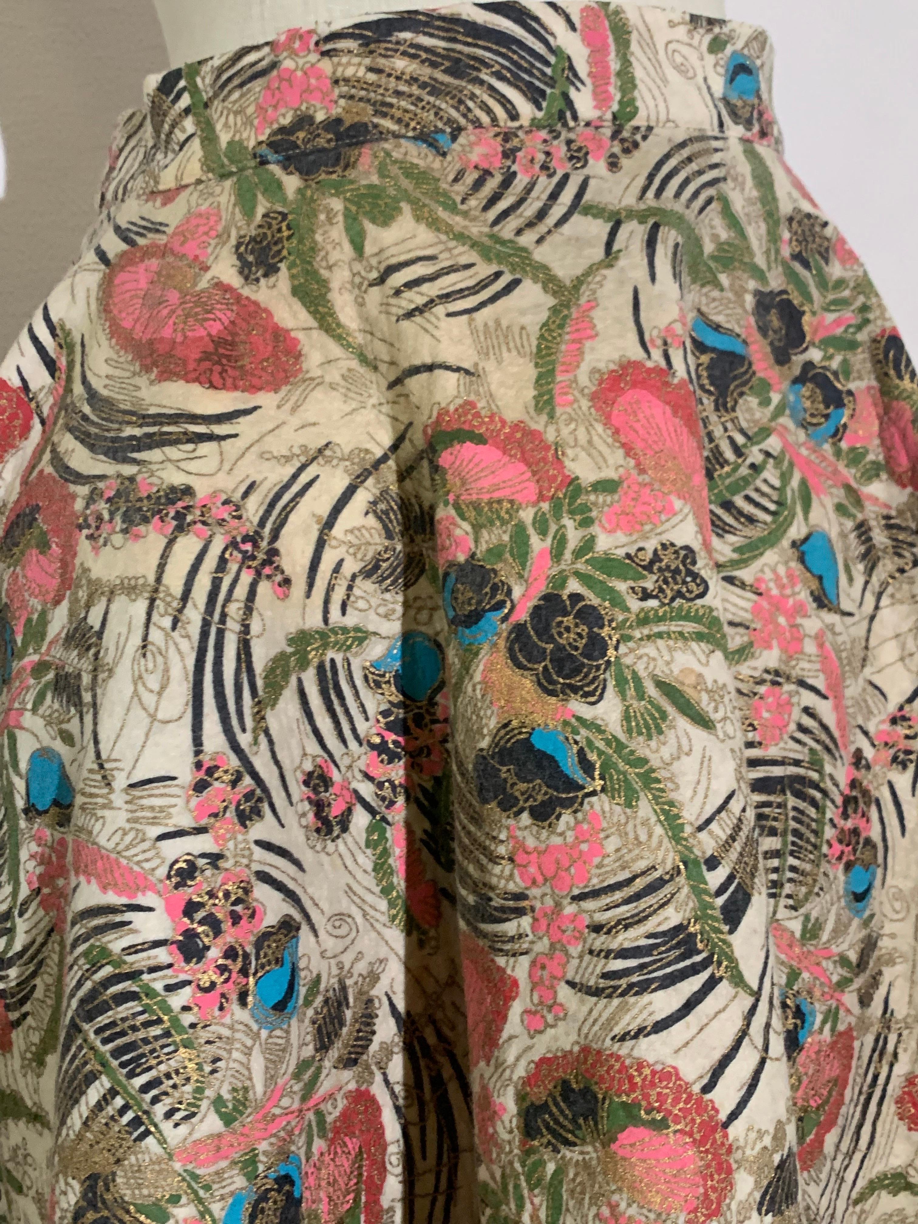 Brown 1950s Pretty Stylized Floral Print Wool Felt Circle Skirt in Pink and Gold