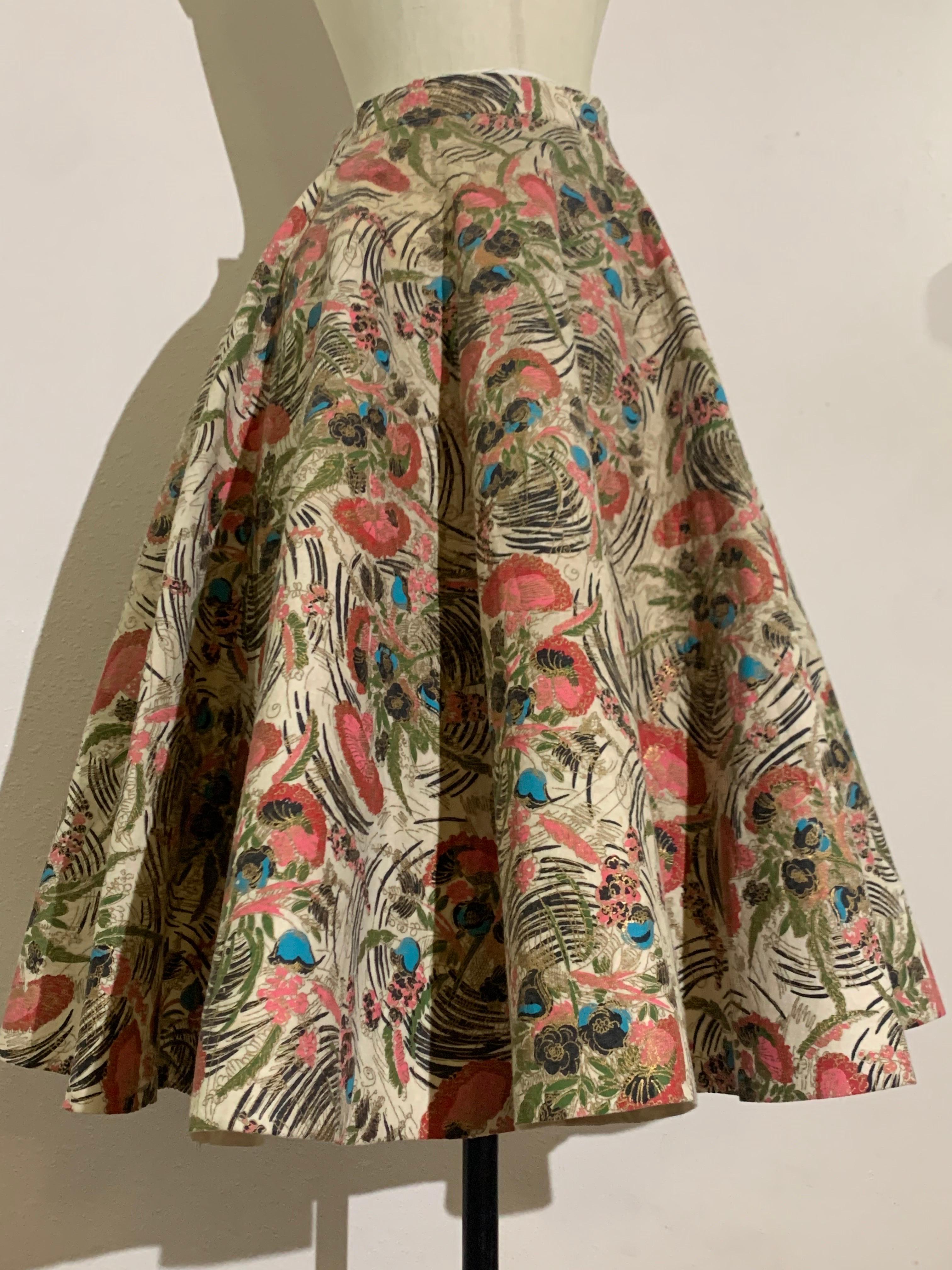 1950s Pretty Stylized Floral Print Wool Felt Circle Skirt in Pink and Gold 1