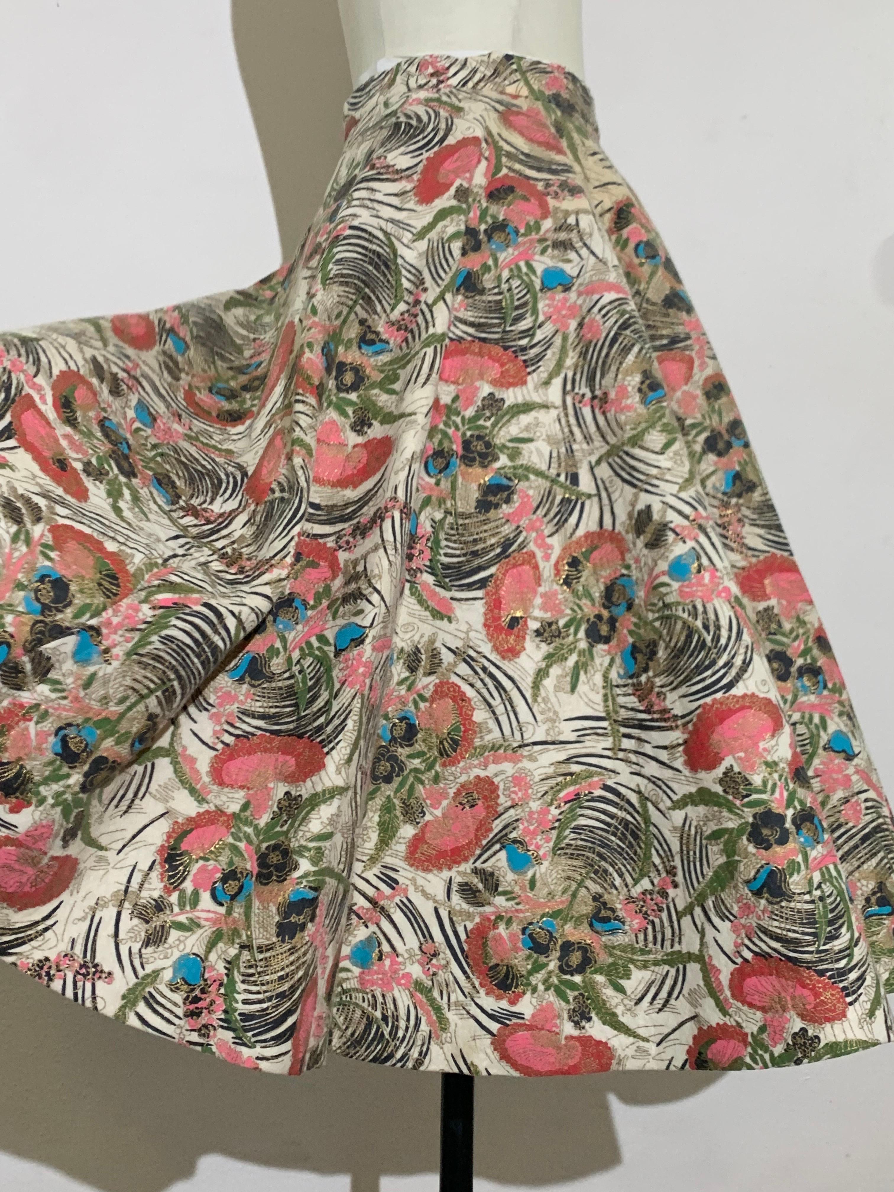 1950s Pretty Stylized Floral Print Wool Felt Circle Skirt in Pink and Gold 2