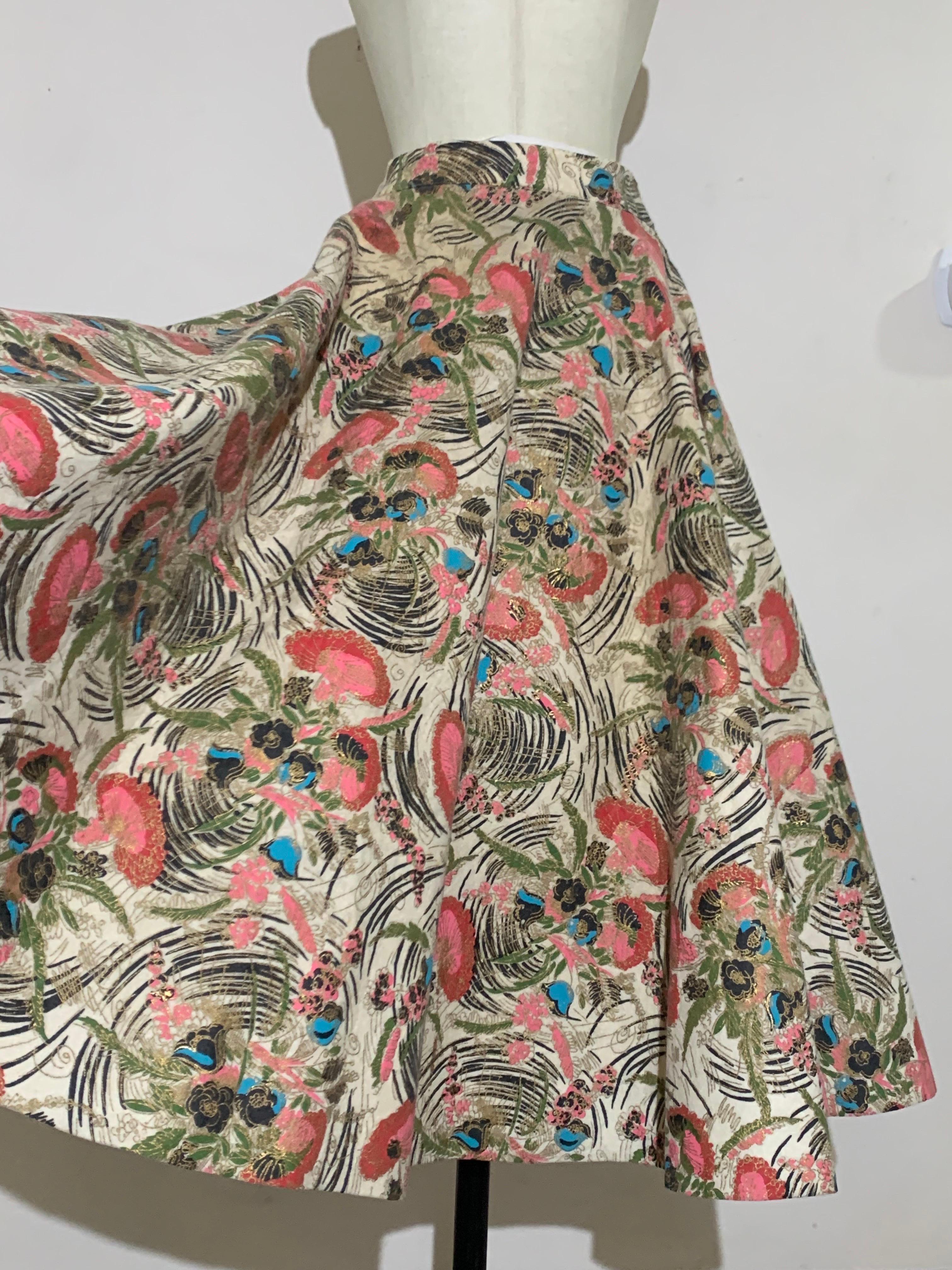 1950s Pretty Stylized Floral Print Wool Felt Circle Skirt in Pink and Gold 3