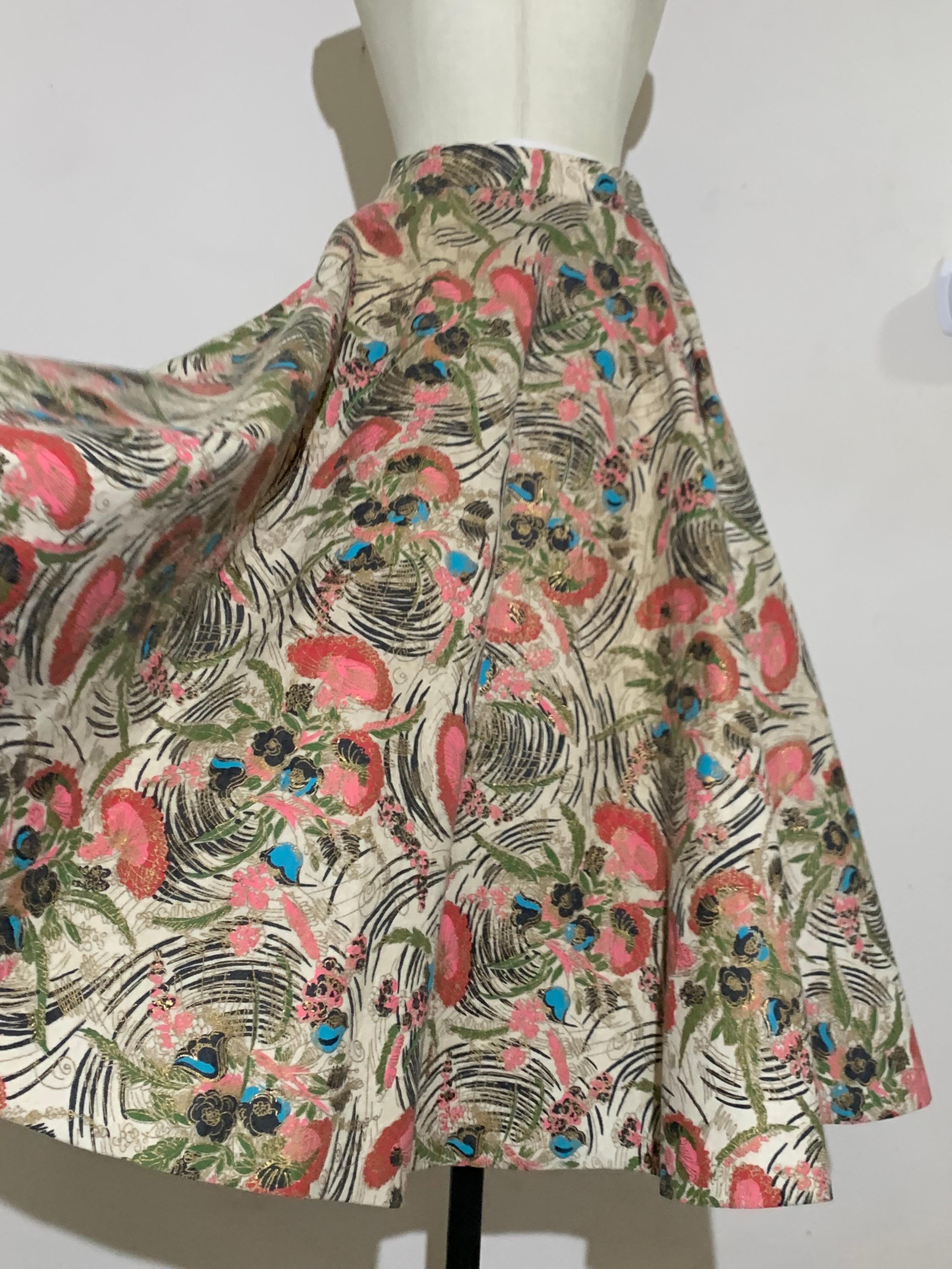 1950s Pretty Stylized Floral Print Wool Felt Circle Skirt in Pink and Gold 4