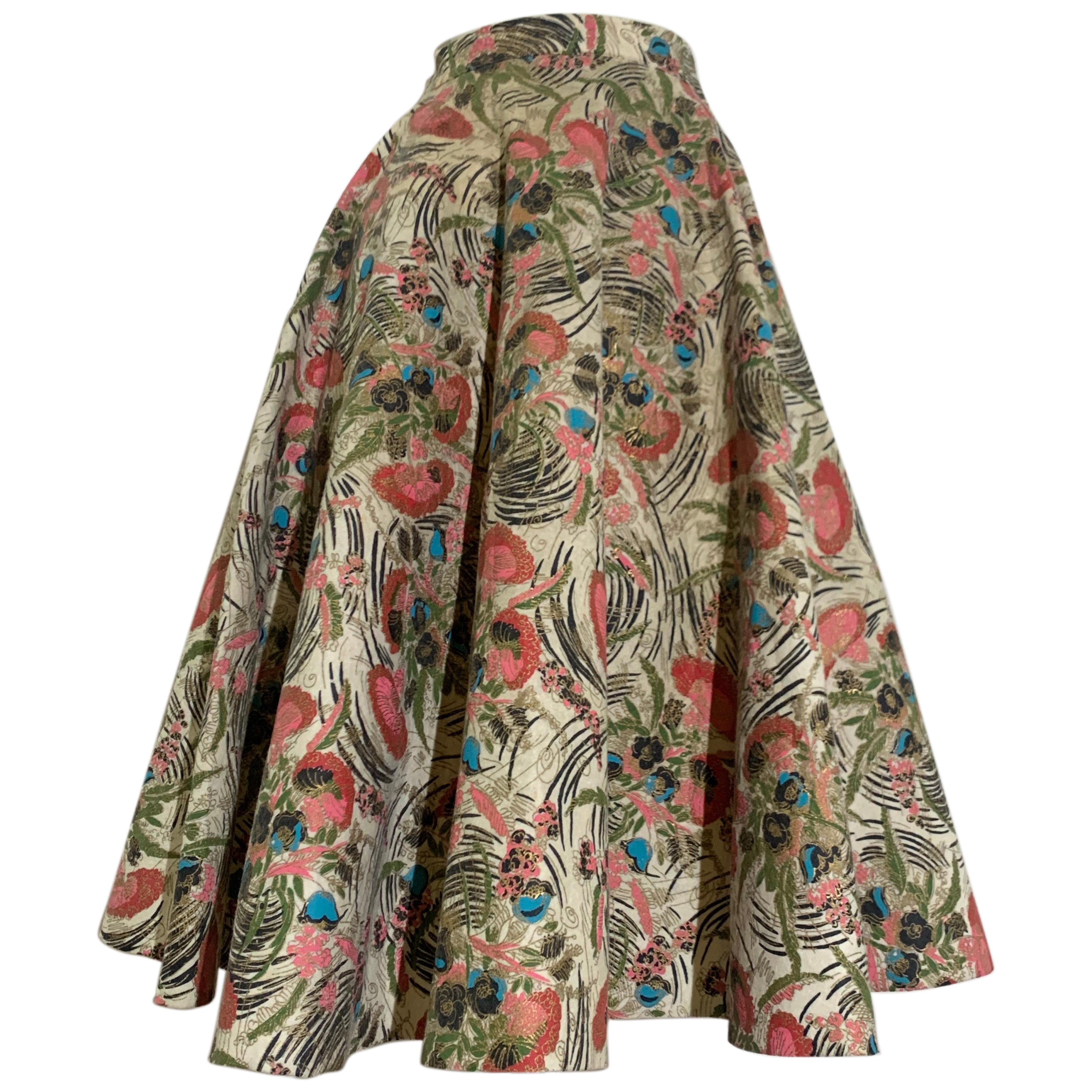 1950s Pretty Stylized Floral Print Wool Felt Circle Skirt in Pink and Gold