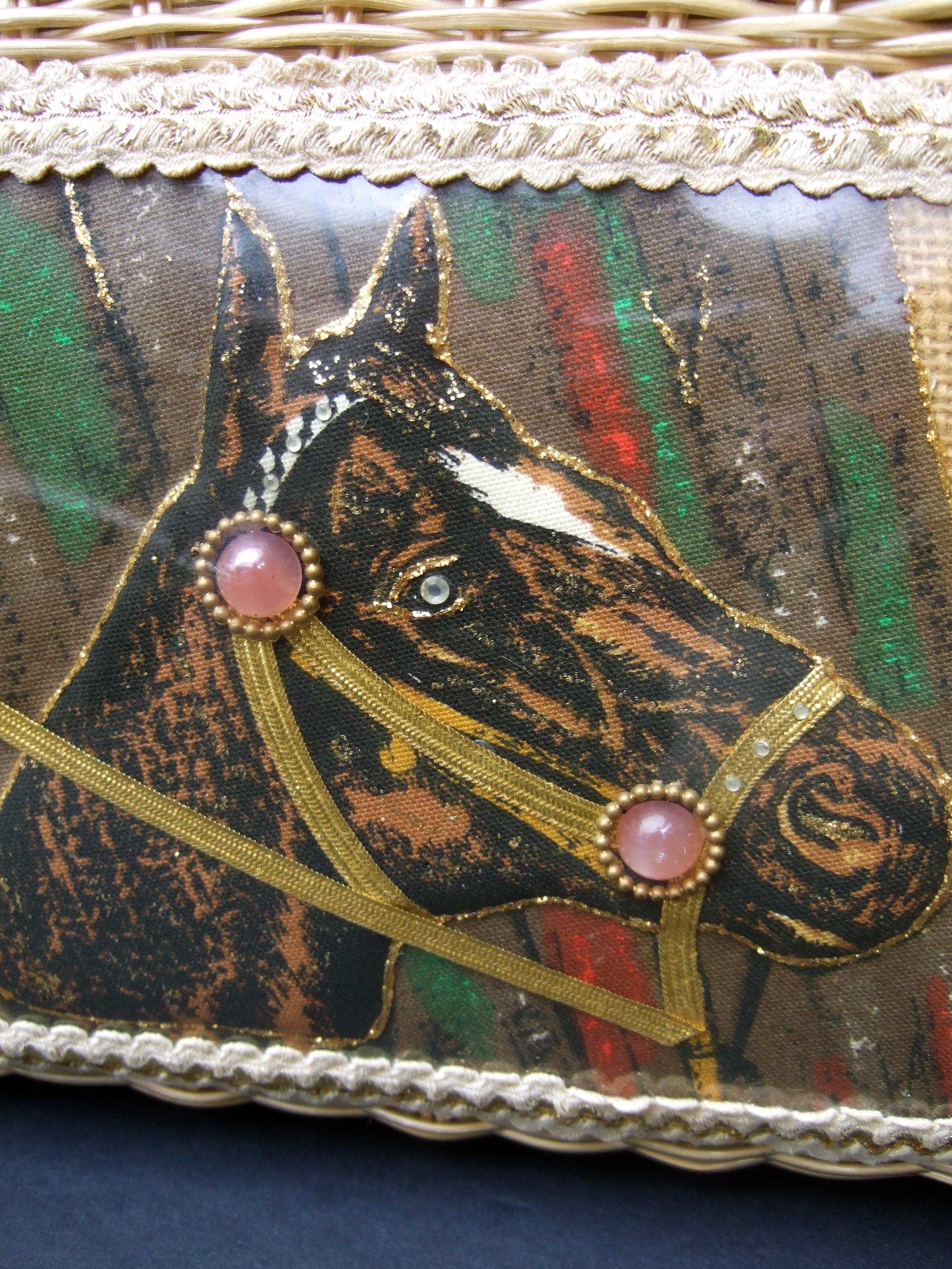 Brown 1950s Princess Charming by Atlas Vinyl Wicker Horse Themed Handbag For Sale