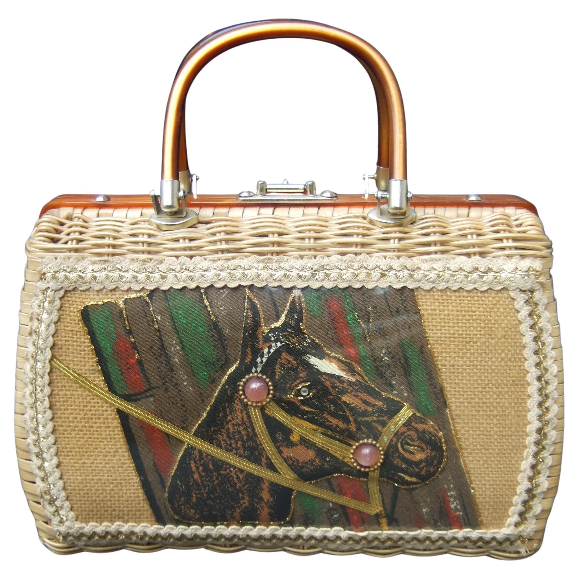 1950s Princess Charming by Atlas Vinyl Wicker Horse Themed Handbag For Sale