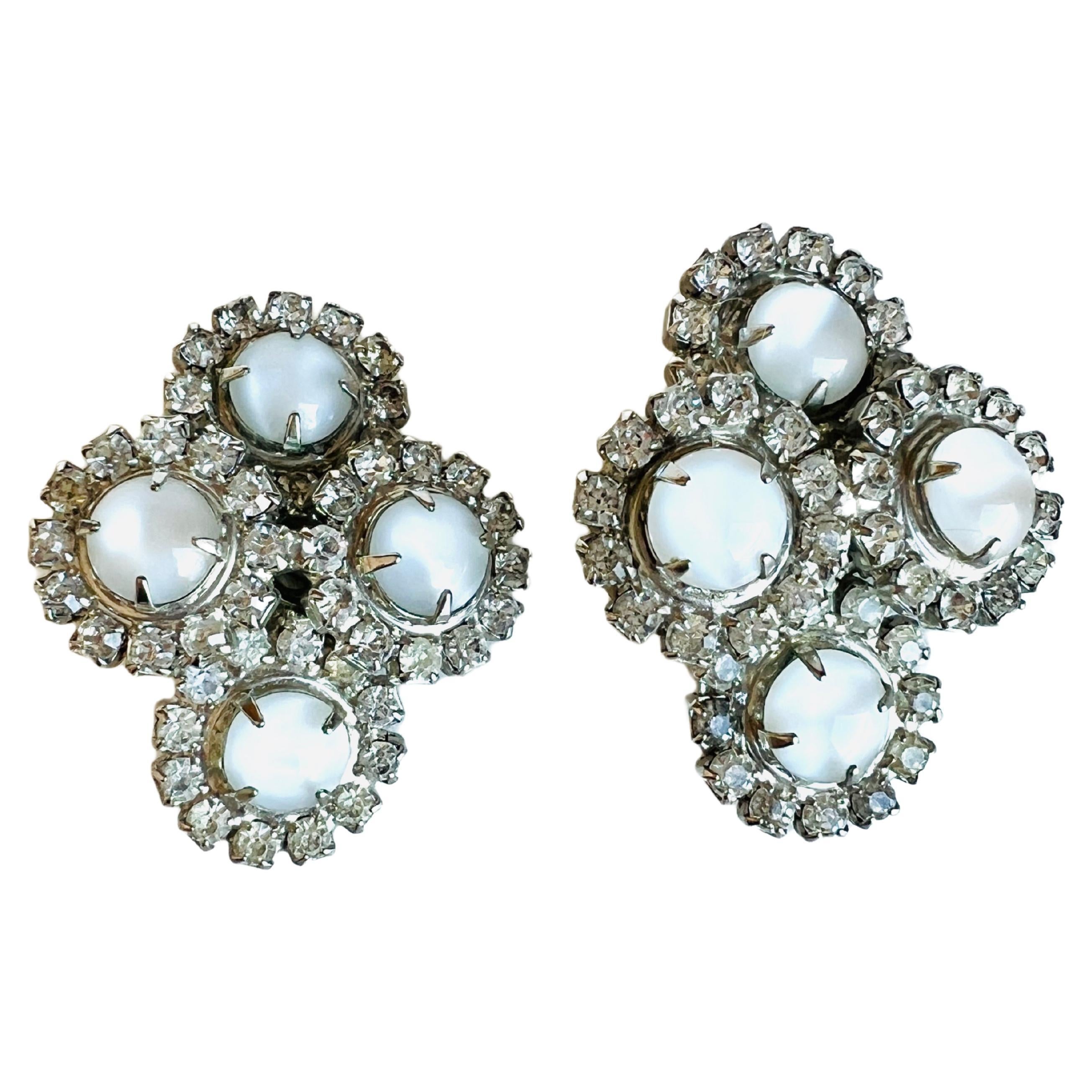 1950s Prong Set Rhinestone Cabochon Cluster Climber Clip On Earrings