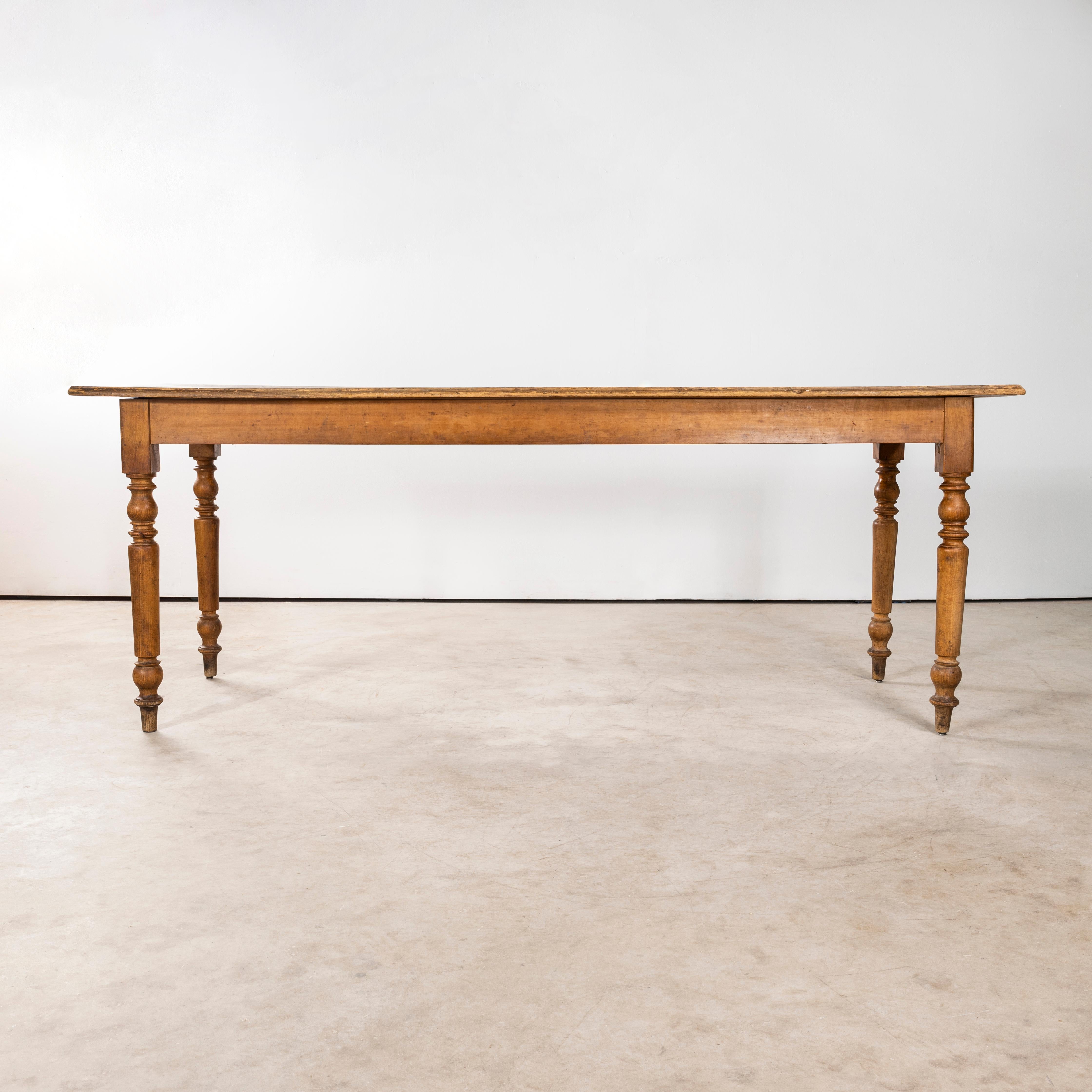 1940's Original French Fruitwood Large Rectangular Dining Table - Bobbin Leg. 

Good sized original French table with a four plank scrubbed and faded top.. Our workshop has serviced that it is strong and stable, waxed and ready to go.

Workshop