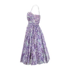 1950s Purple and Turquoise Floral Organza Ruched Dress
