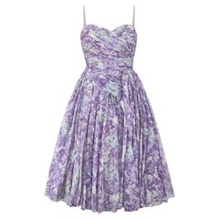 1950s Purple and Turquoise Floral Organza Ruched Dress