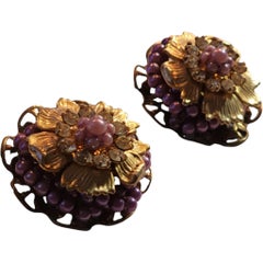 1950s Purple Bead and Gold-Tone Floral Clip-On Earrings, Attributed to Florenza