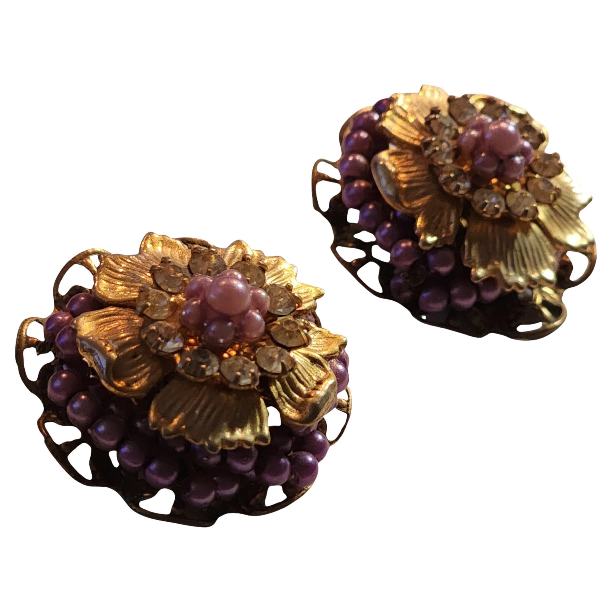 1950s Purple Bead and Gold-Tone Floral Clip-On Earrings, Attributed to Florenza For Sale