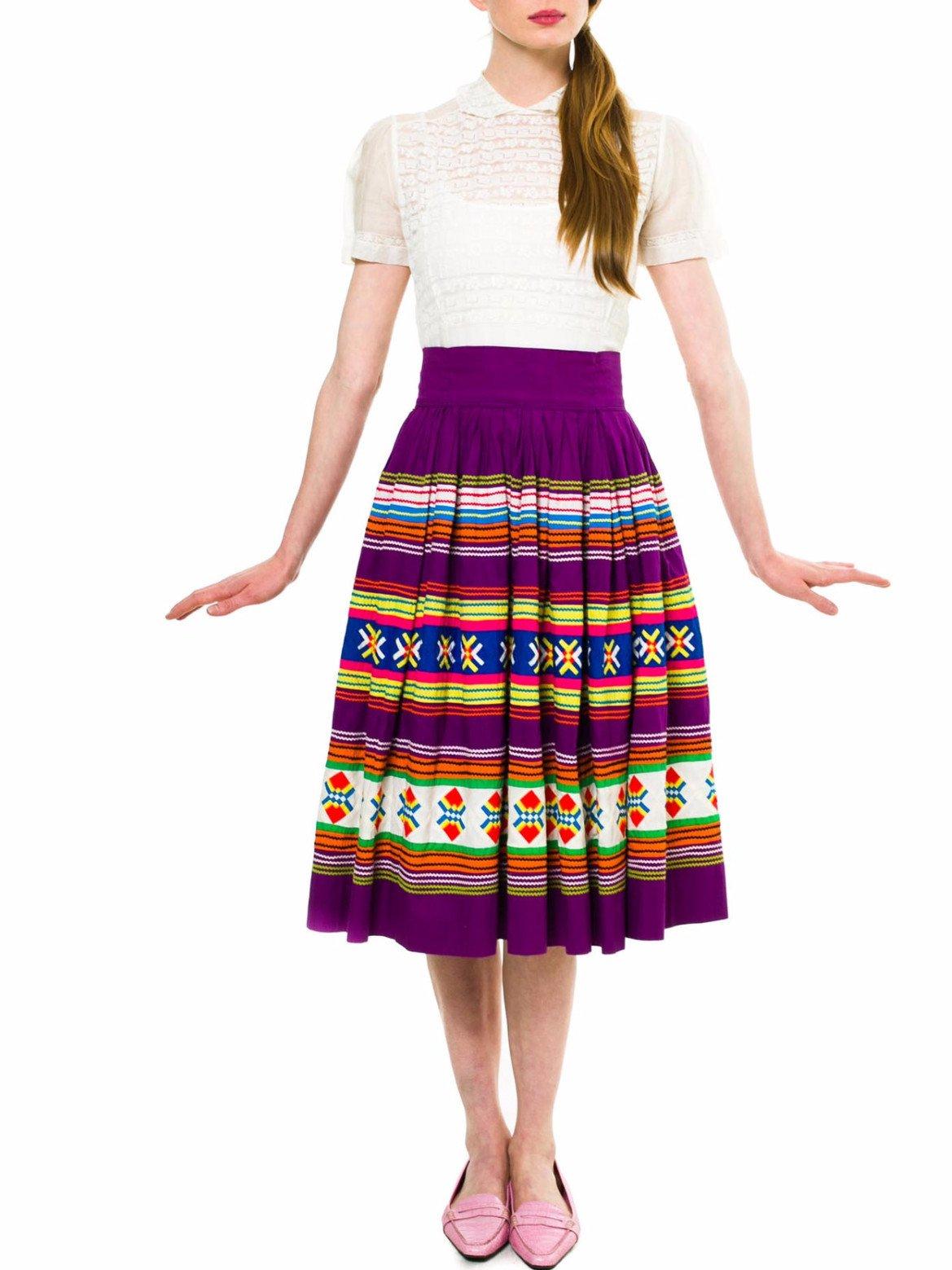 1950S Purple Multicolored Cotton Florida Seminole Indian Patchwork Skirt In Excellent Condition For Sale In New York, NY