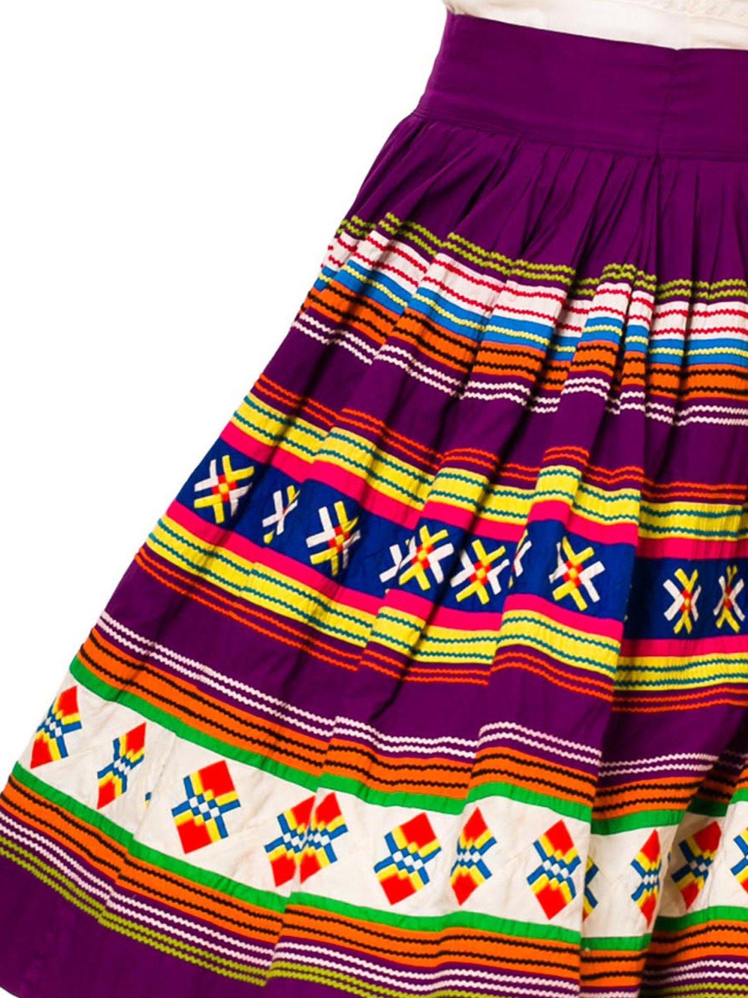 Women's 1950S Purple Multicolored Cotton Florida Seminole Indian Patchwork Skirt For Sale
