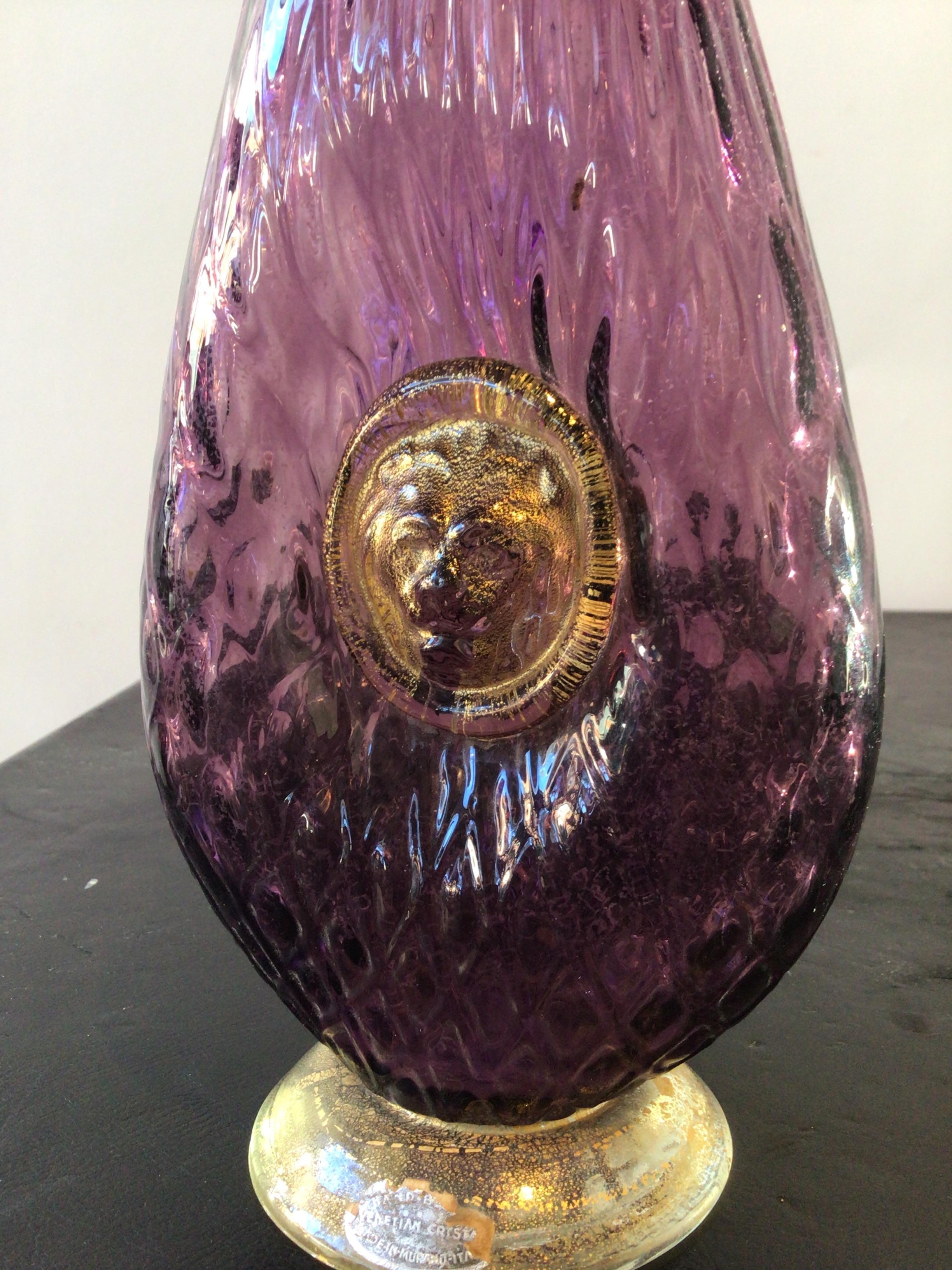 1950s Purple Murano Vase with Lions Head In Good Condition For Sale In Tarrytown, NY