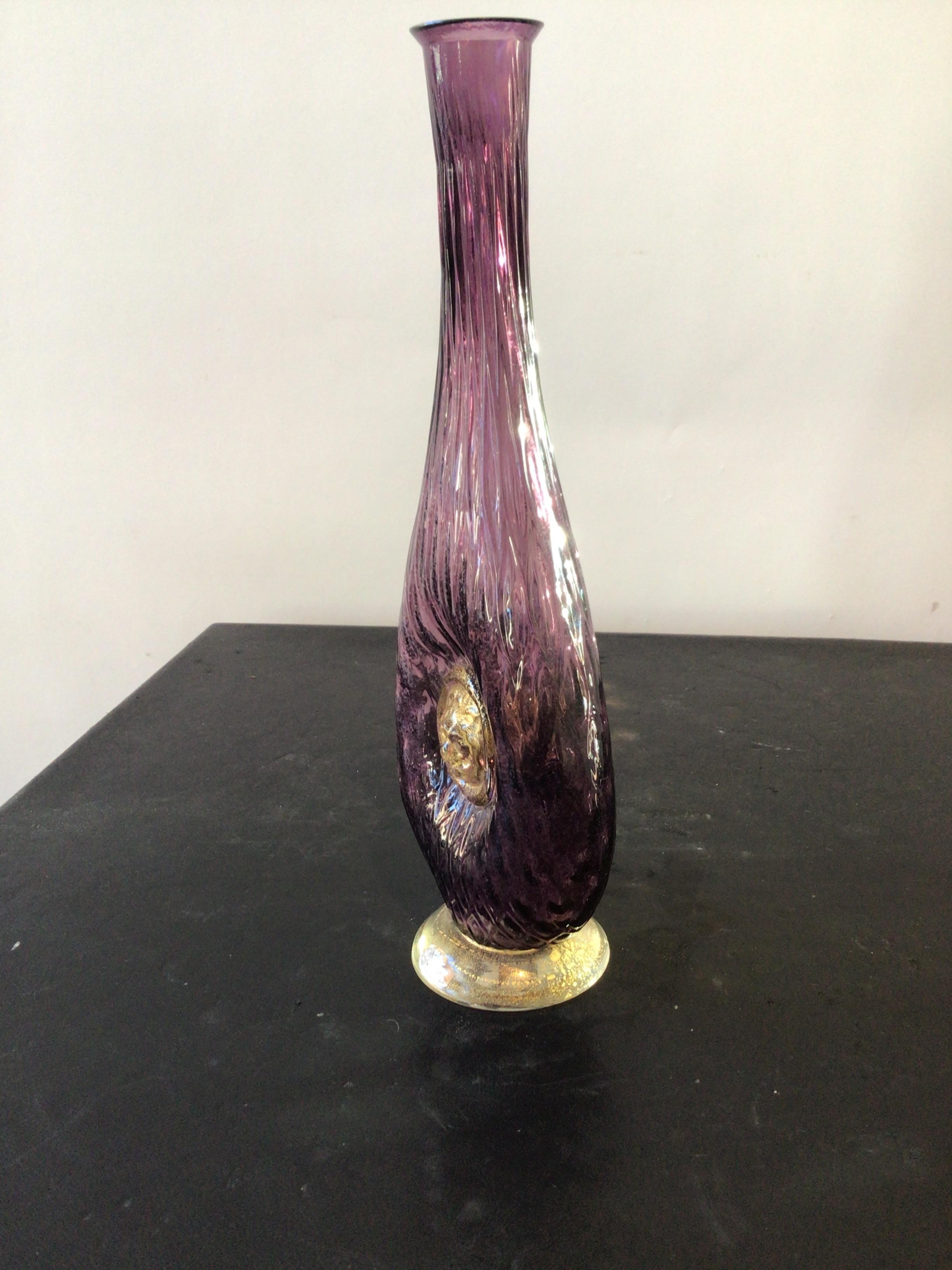 Murano Glass 1950s Purple Murano Vase with Lions Head For Sale