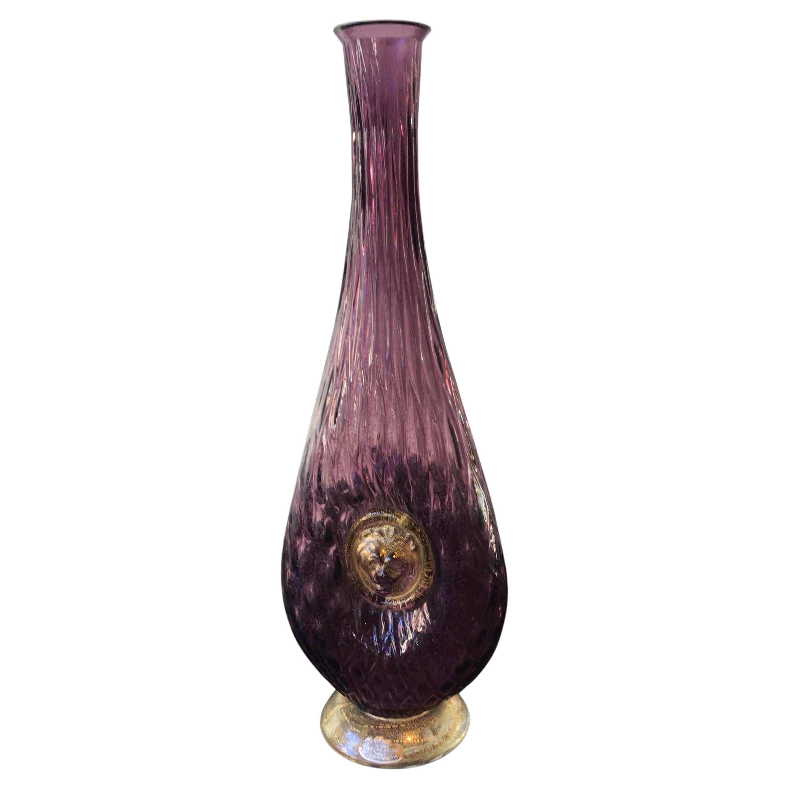 Lila Murano-Vase mit Löwenkopf aus den 1950er Jahren