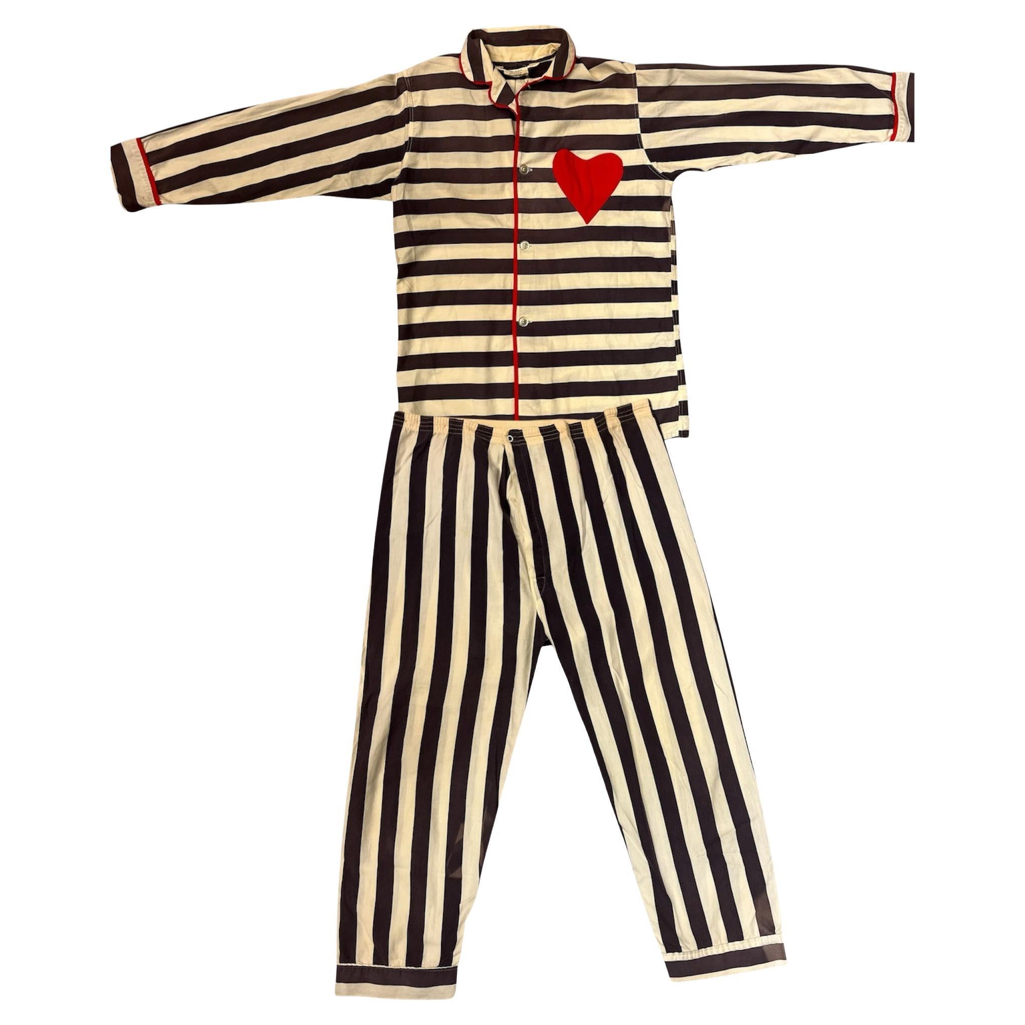 1950s Purple & White Striped Cotton Heart Pocket  Pajamas Two Piece For Sale