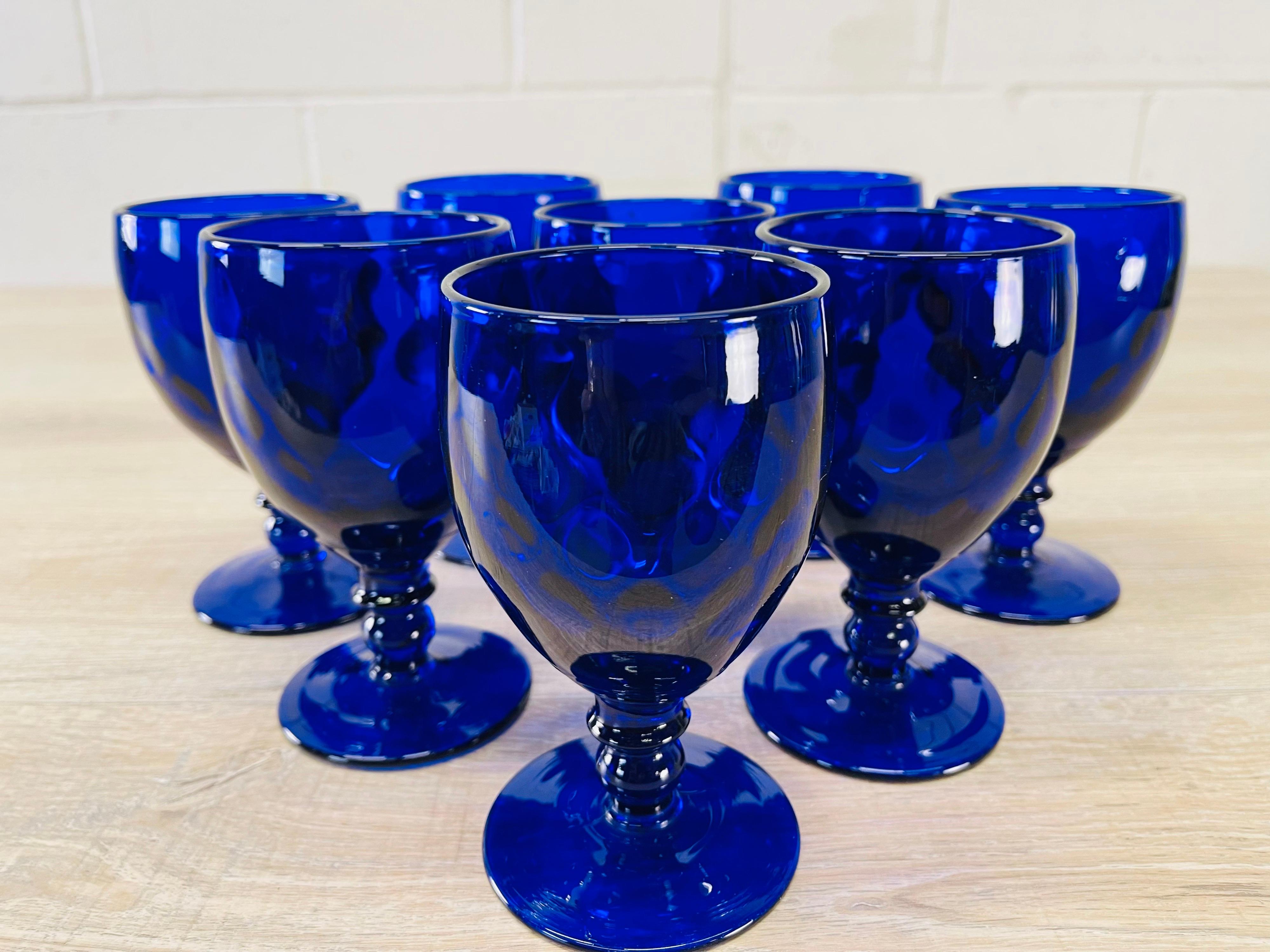 Hollywood Regency 1950s Quilted Cobalt Glass Water Stems, Set of 8 For Sale