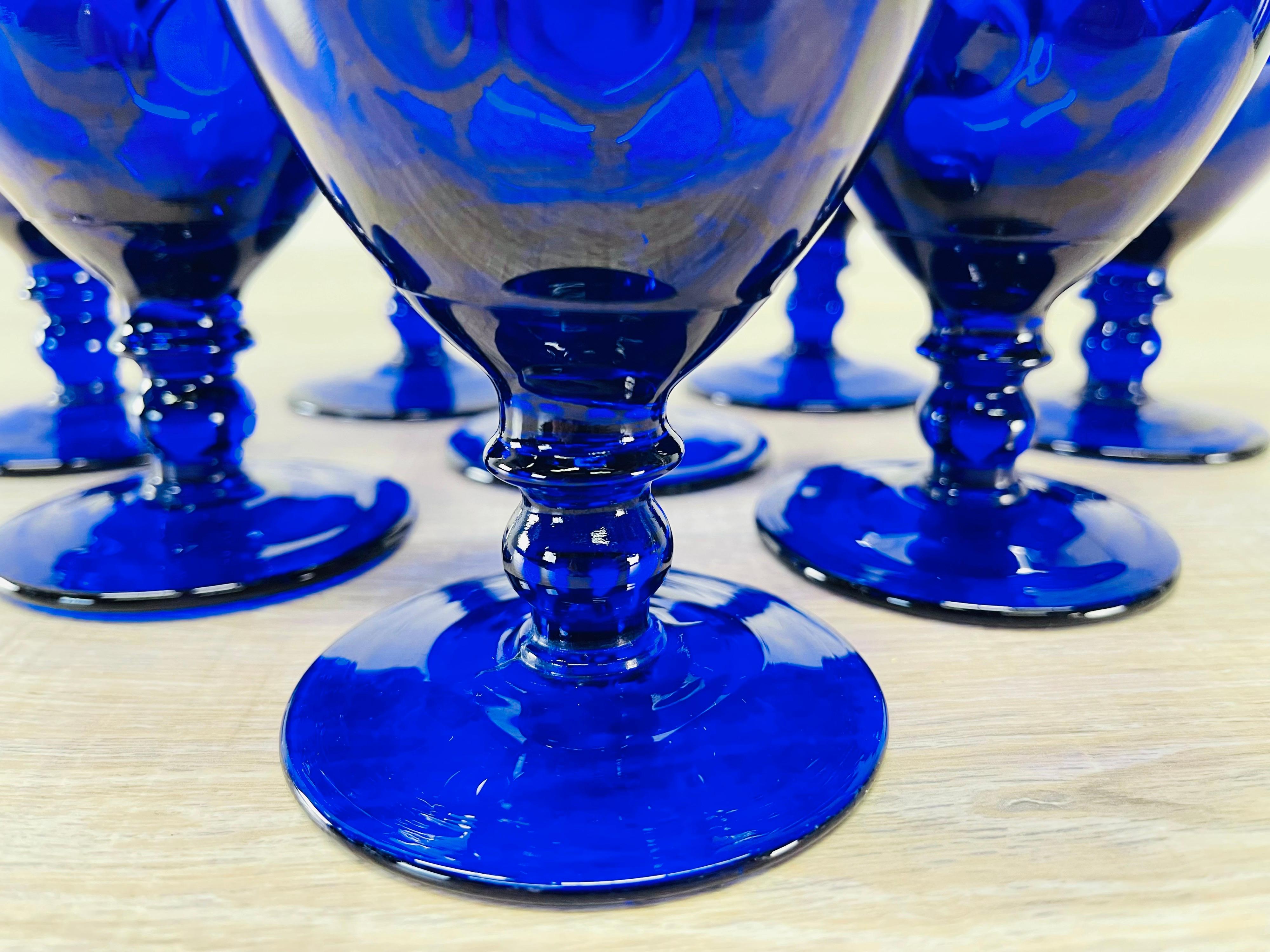 20th Century 1950s Quilted Cobalt Glass Water Stems, Set of 8 For Sale