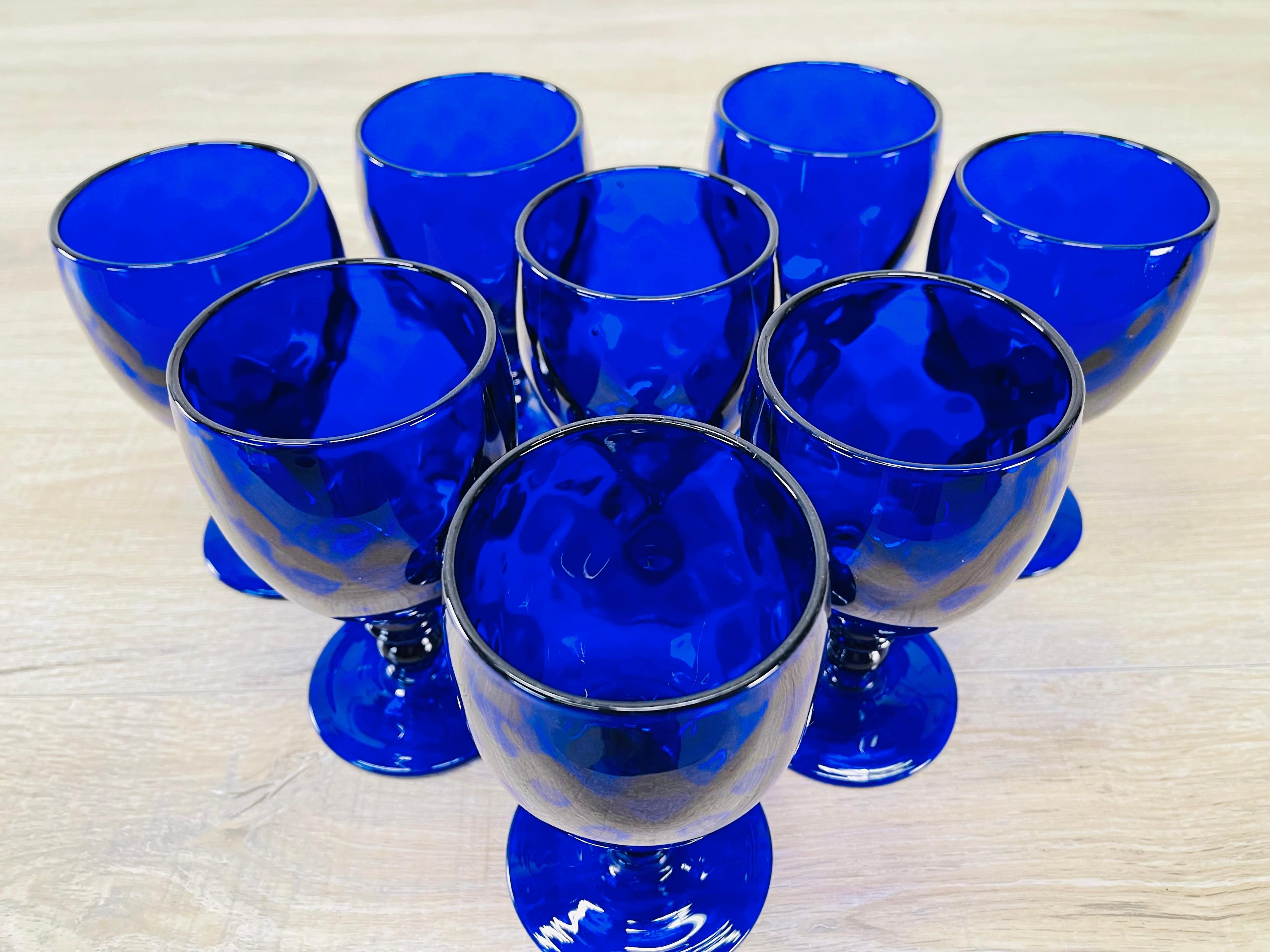 1950s Quilted Cobalt Glass Water Stems, Set of 8 For Sale 1