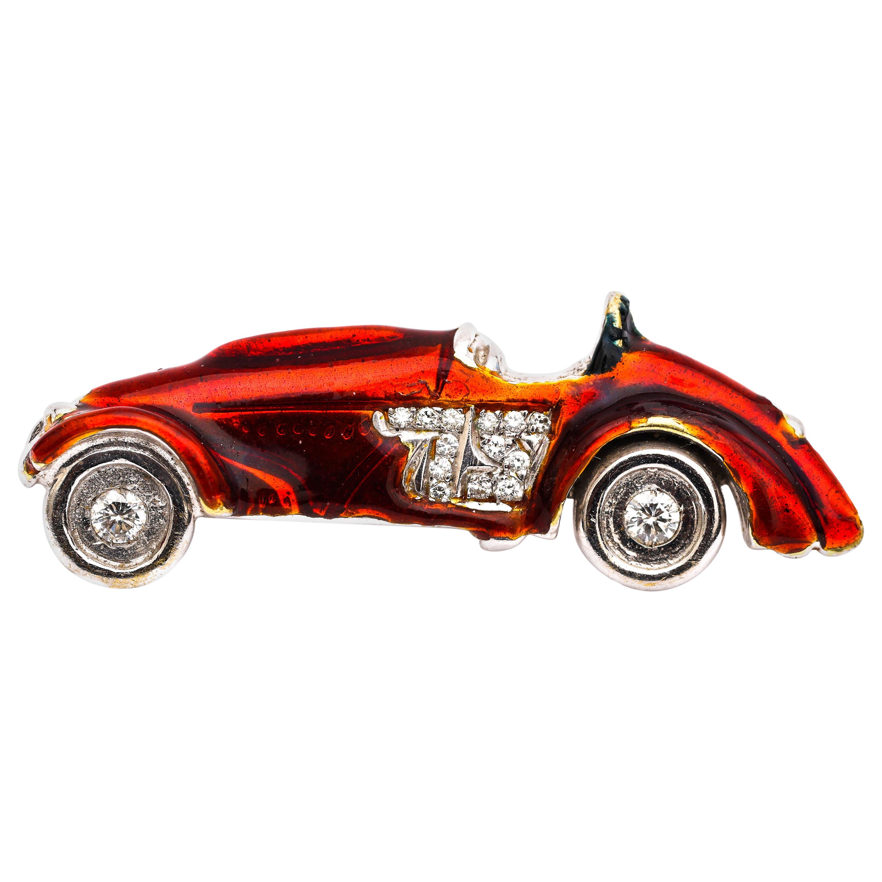 1950s Racing Car Pin Brooch in 18 Karat Gold