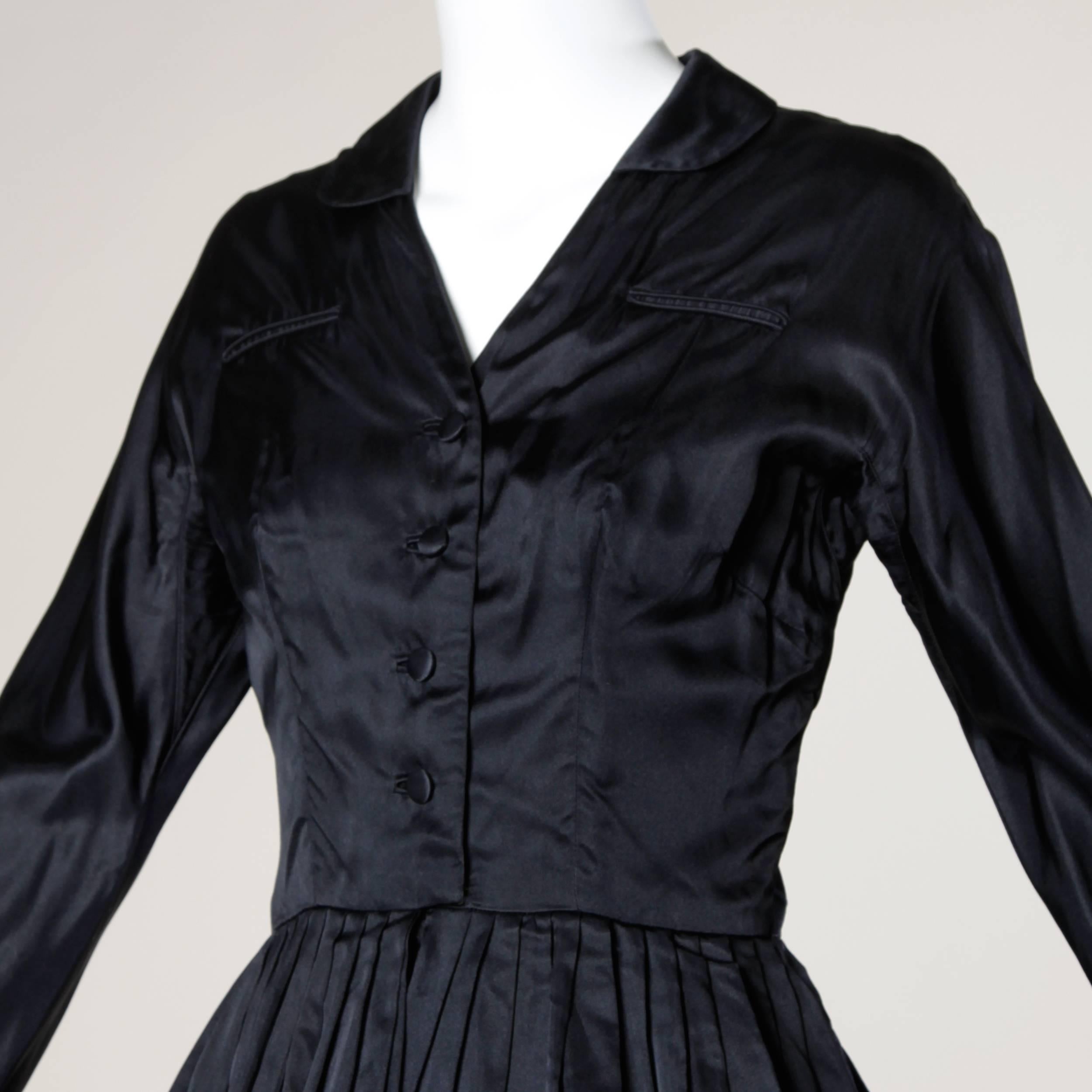 Black 1950s Rappi Vintage Navy Blue Heavy Silk Satin New Look Long Sleeve Dress XS