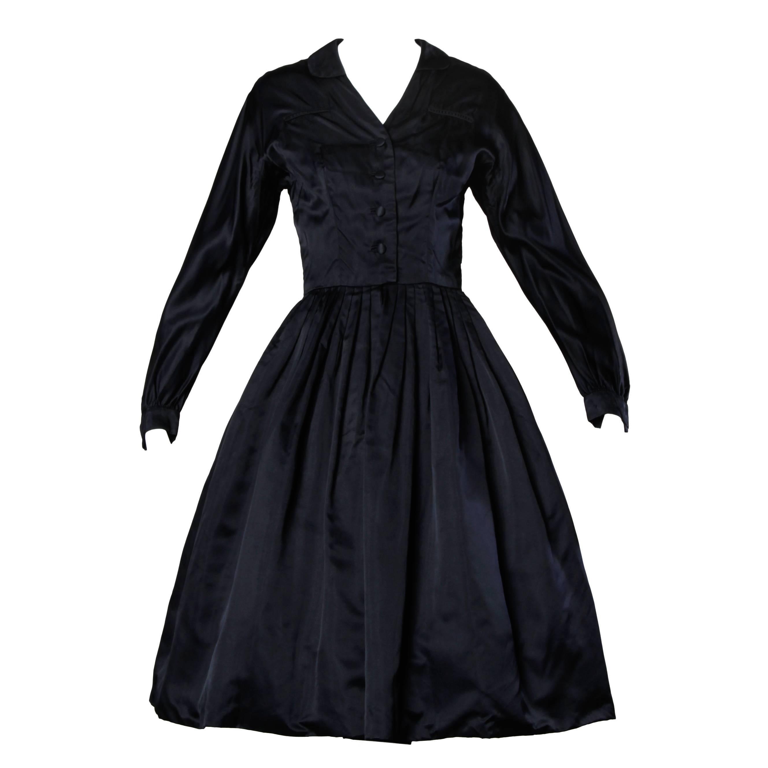 1950s Rappi Vintage Navy Blue Heavy Silk Satin New Look Long Sleeve Dress XS