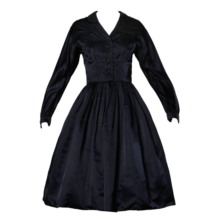 1950s Rappi Vintage Navy Blue Heavy Silk Satin New Look Long Sleeve Dress  XS at 1stDibs