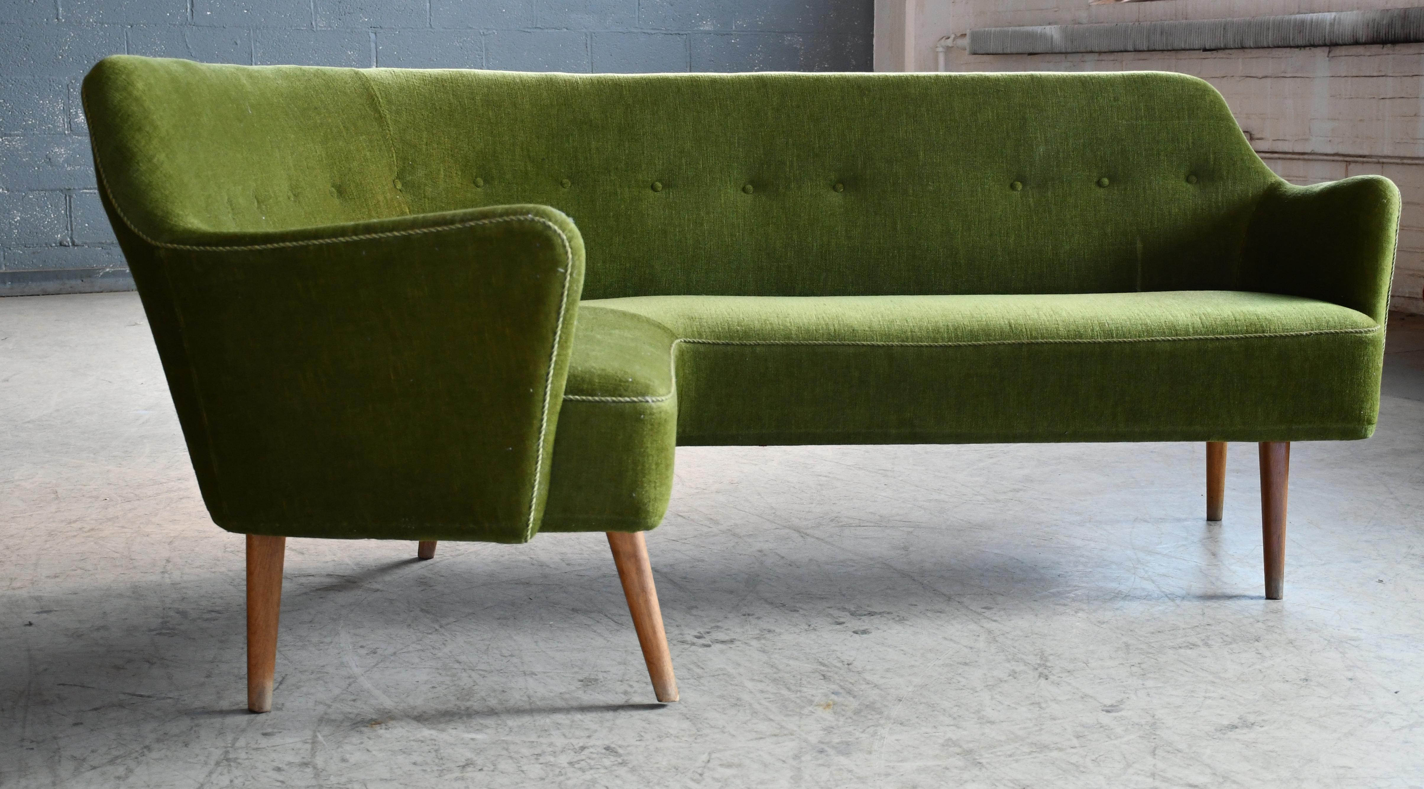 Mid-Century Modern 1950's Rare Danish Corner Sofa Raised on Beech Legs and Green Mohair Fabric